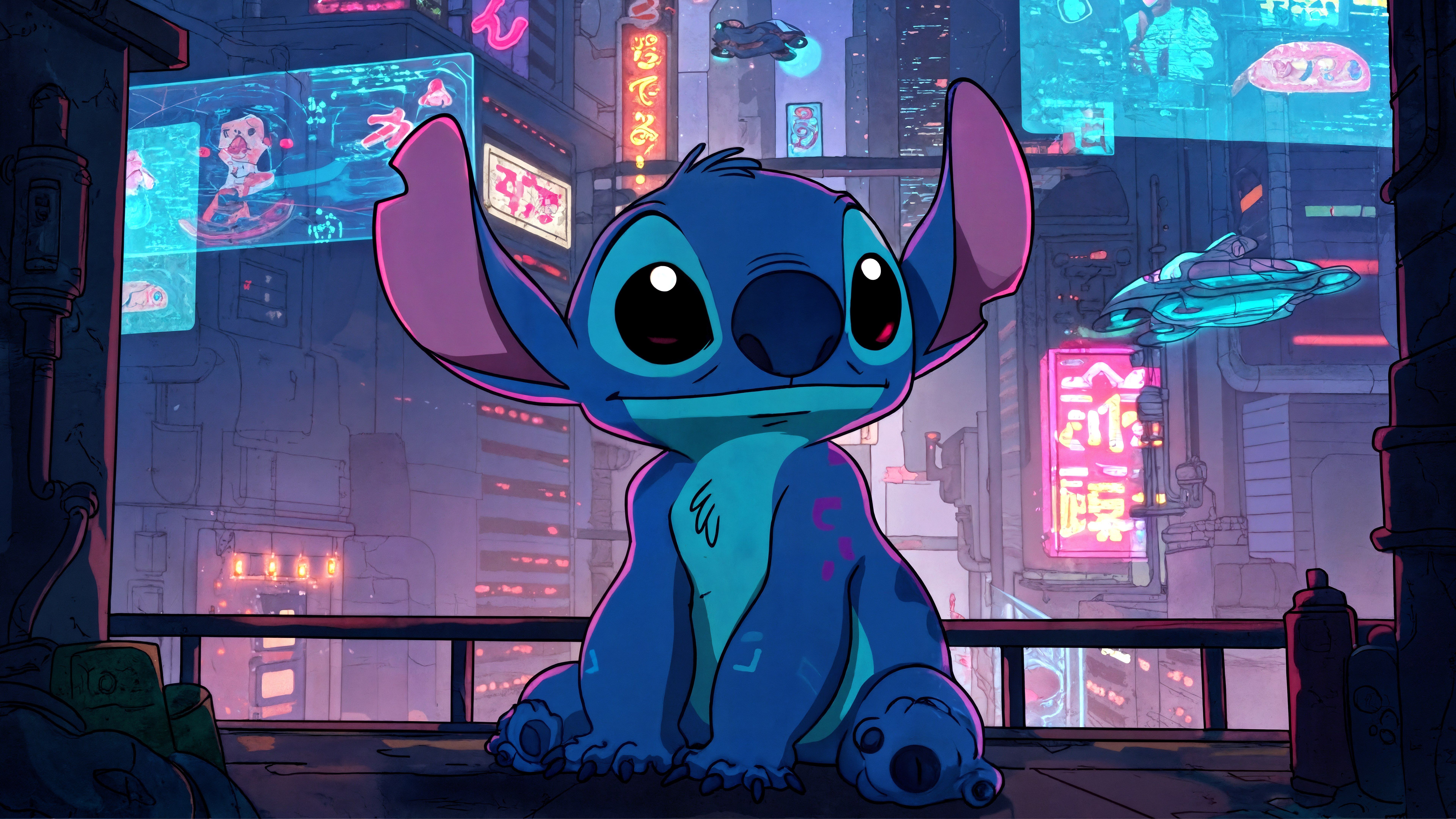 7680x4320 Stitch in a futuristic city Wallpaper 4K for Desktop