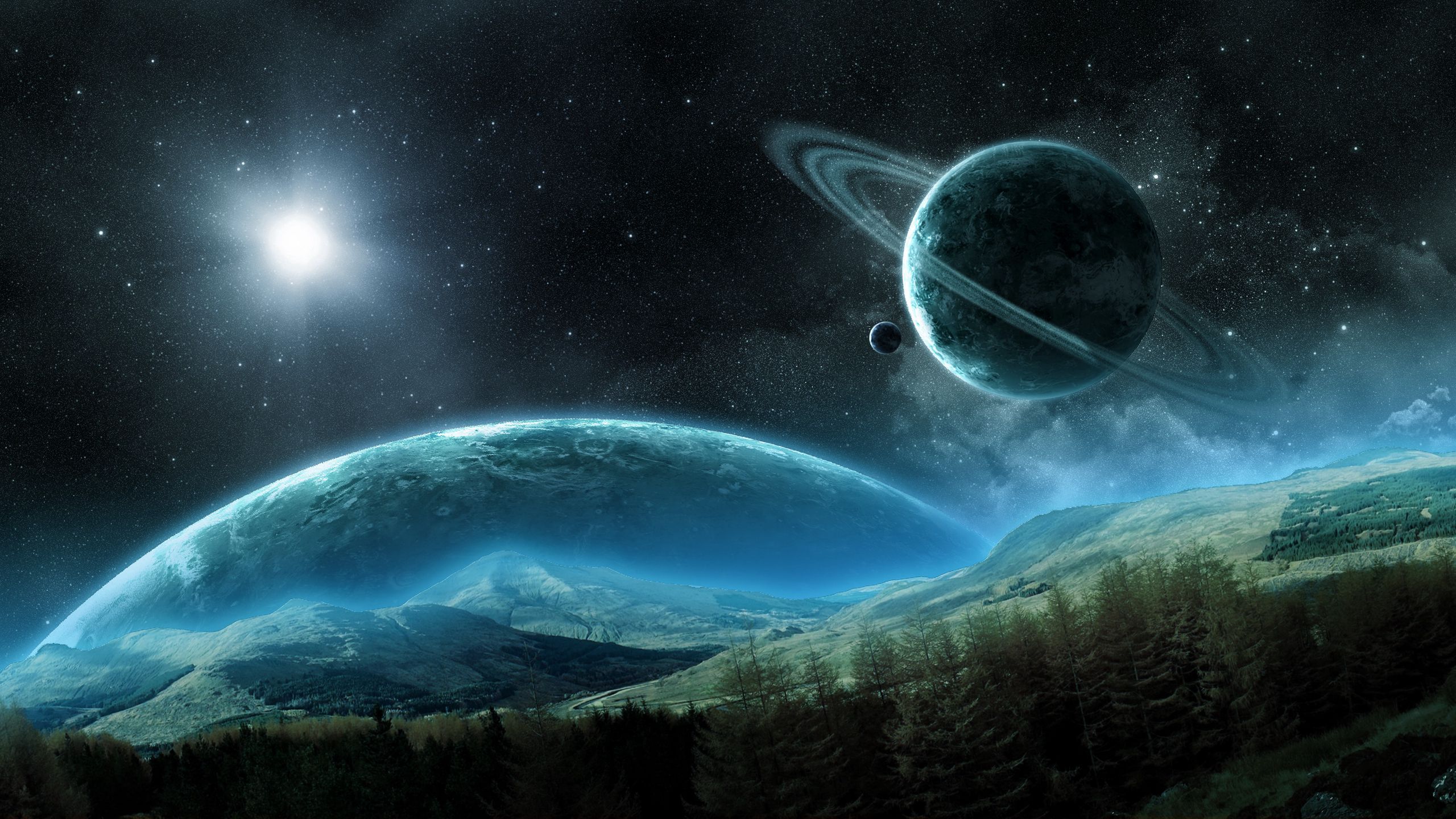 2560x1440 Download wallpaper 2560x1440 planet, saturn, satellite, rings, space, night widescreen 16:9 HD background