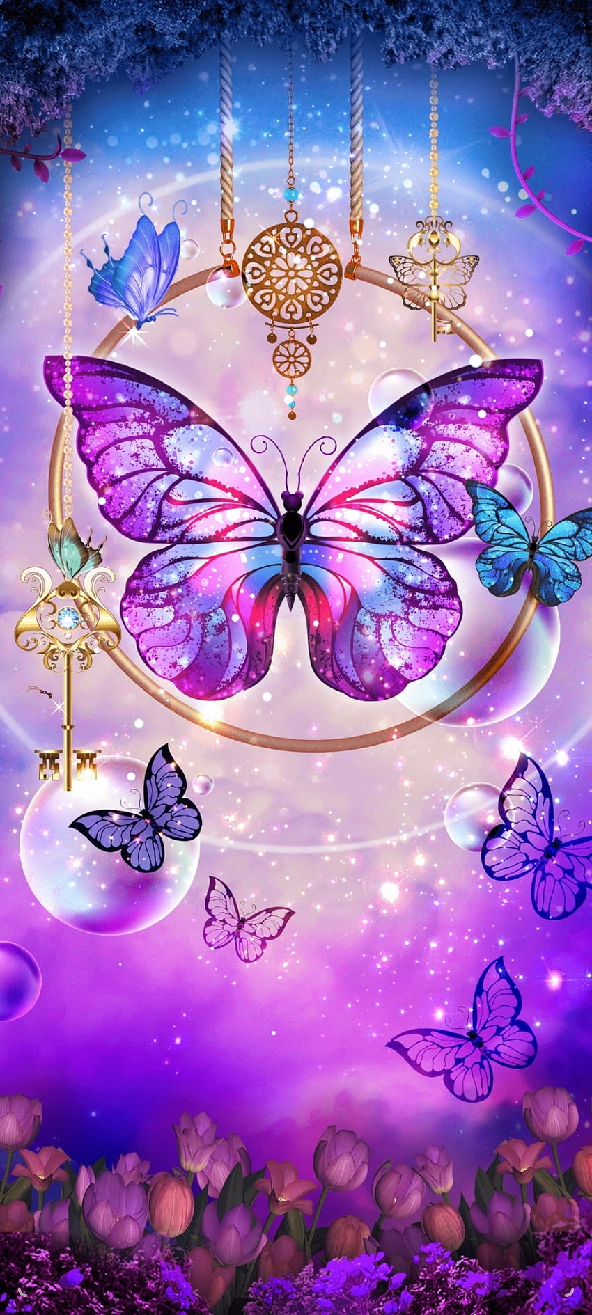 850x1889 Butterfly Queen, jewelry, flowers, pastel, Pink, blue, light, Keys, luxury, purple HD phone wallpaper