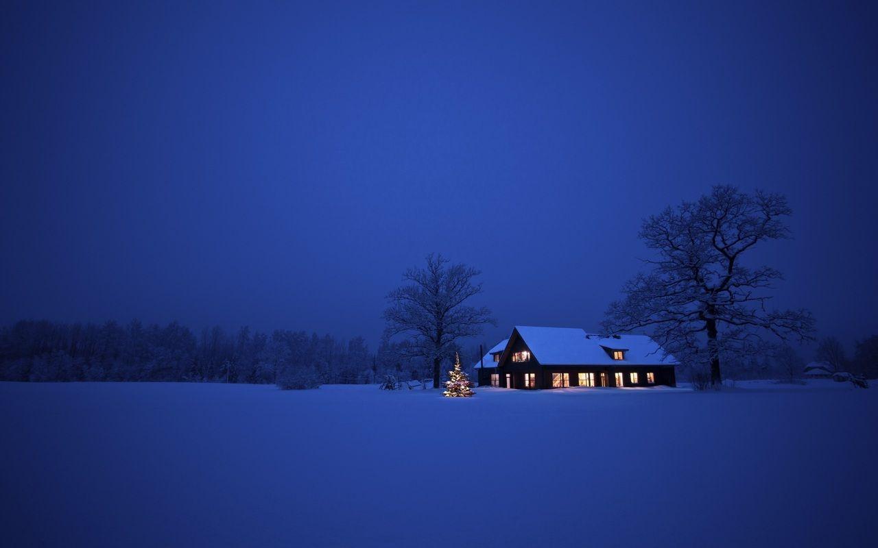 1280x800 snow, house, nature, trees, night, winter, landscape