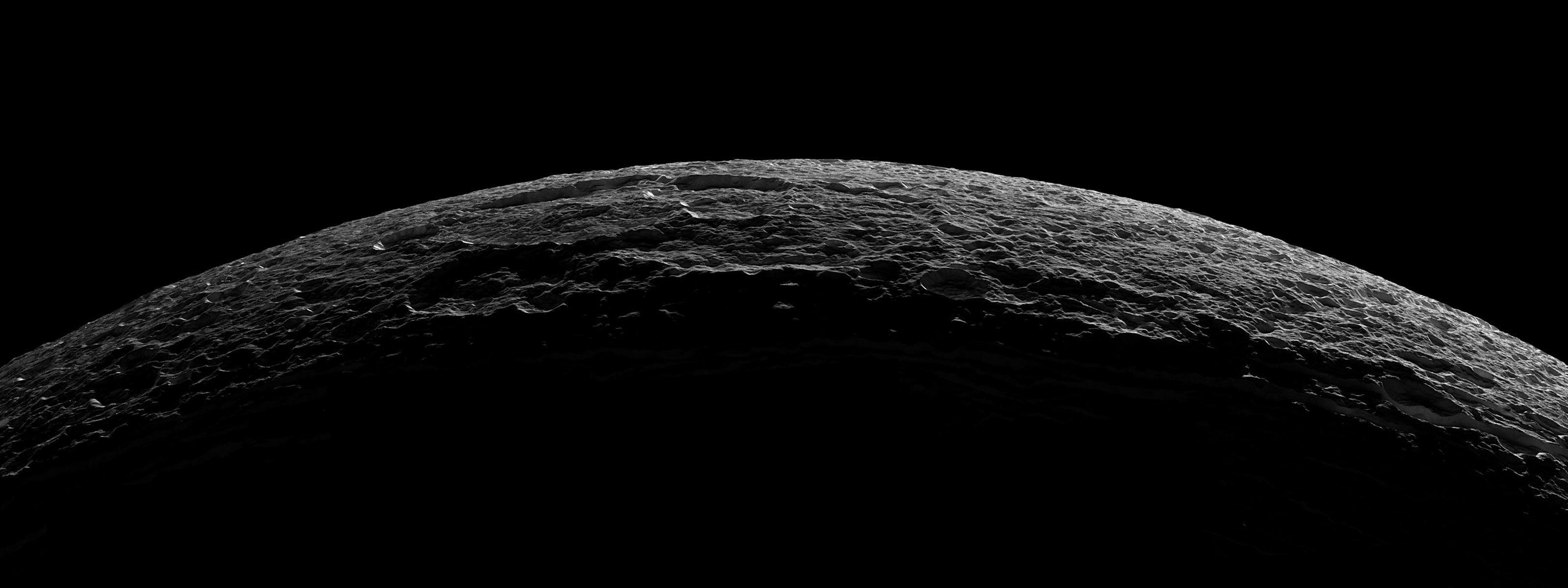 3200x1200 One of Saturn's moons. (3200x1200). Black space, Wallpaper