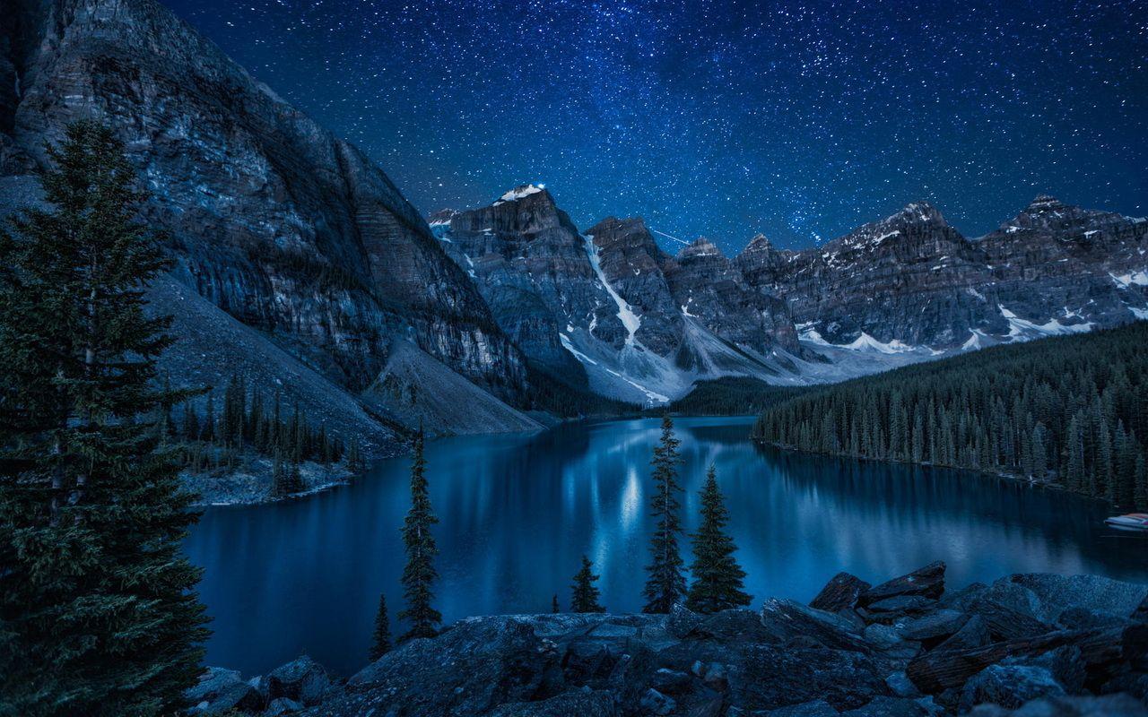 1280x800 forest, river, night, lake, nature, mountains desktop