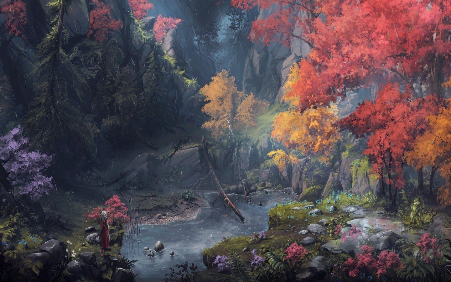 1440x900 Download 1440x900 Fantasy Women Warrior, Raining, Artwork, Forest