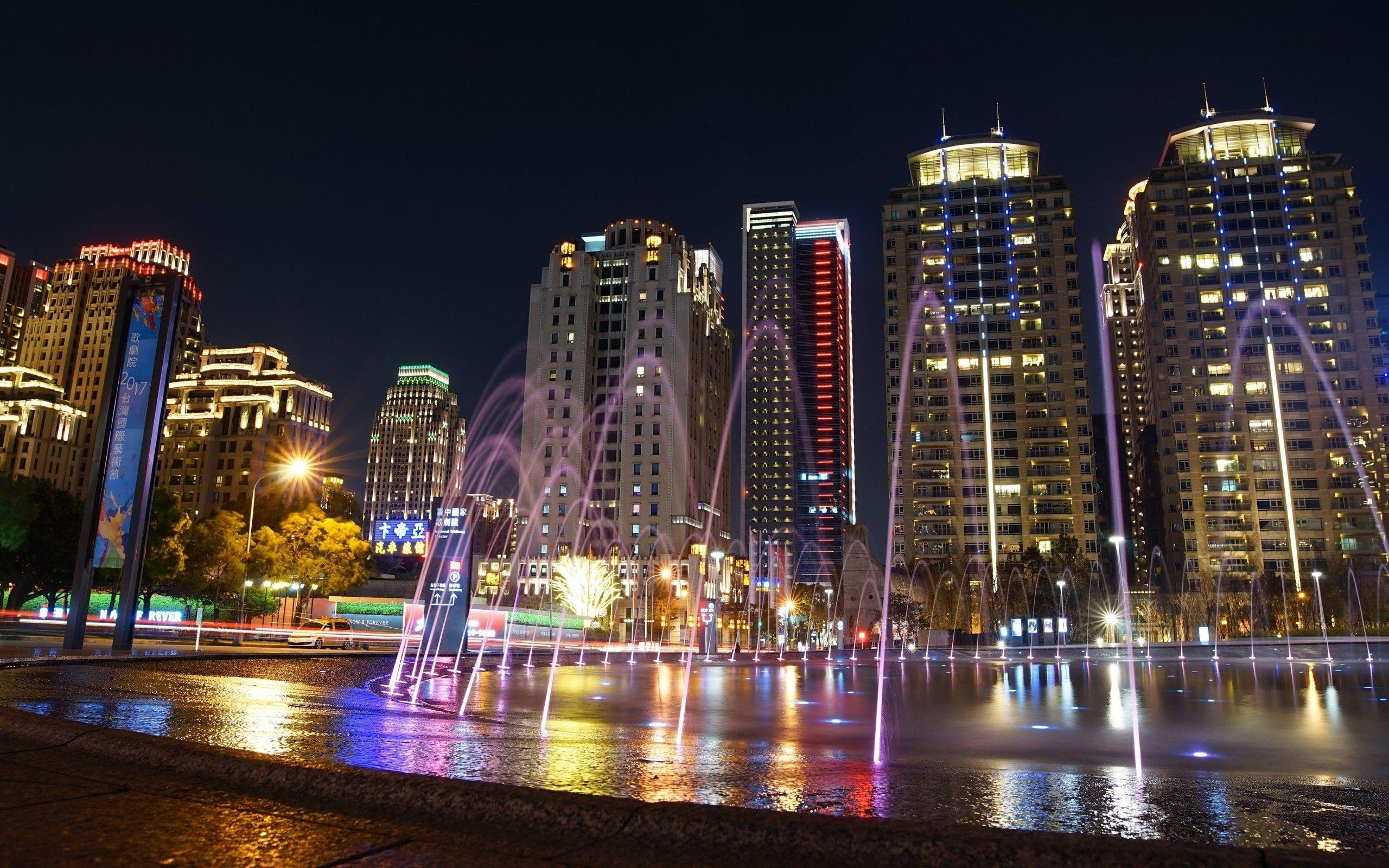 2560x1600 Download 2560x1600 Skyscrapers, Taiwan, Night, Water Fountain