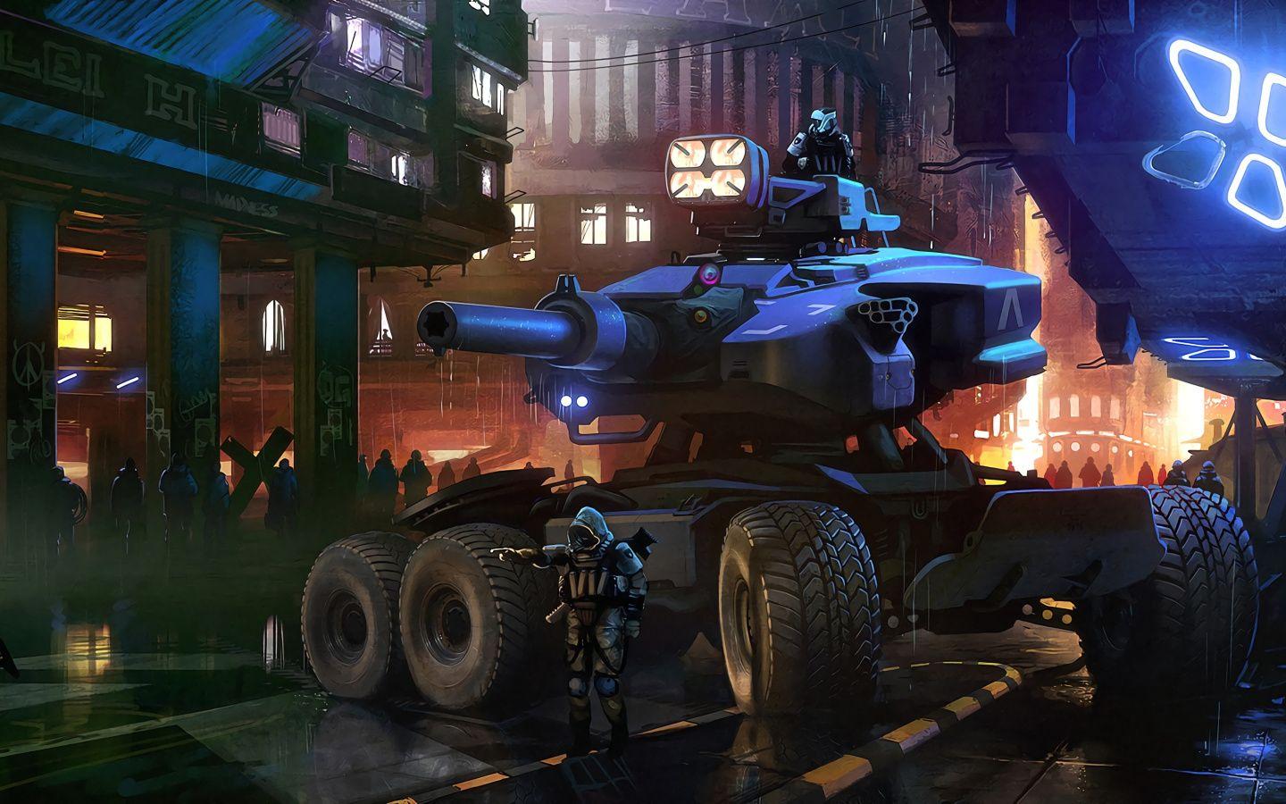 1440x900 Download Cyberpunk, modern tank, art wallpaper, 1440x900