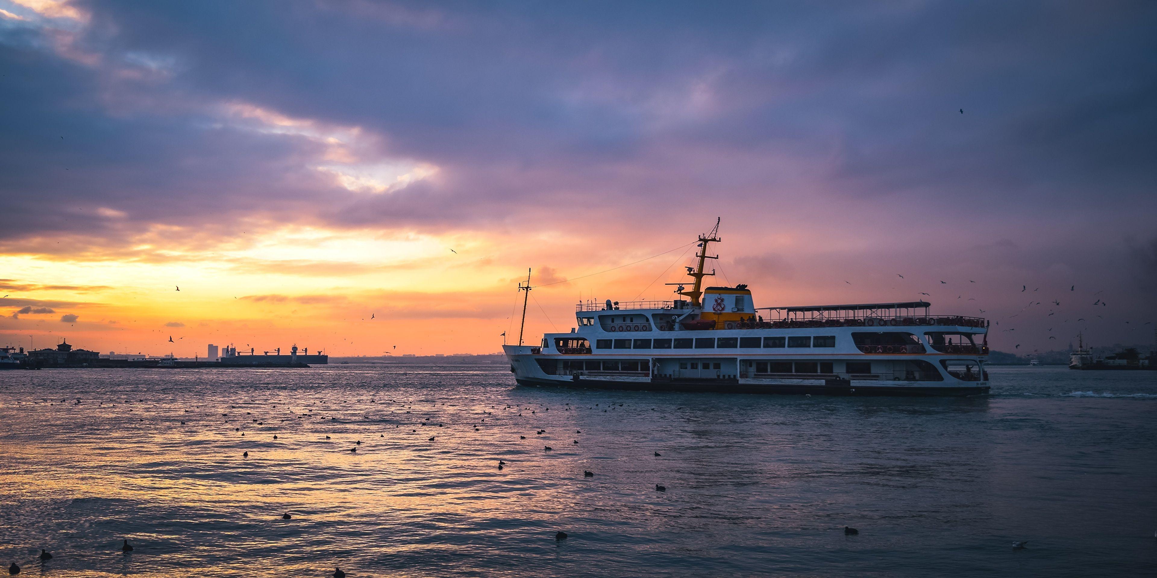 3840x1920 Desktop Wallpaper Turkey Bosporus ship Sunrises and 3840x1920