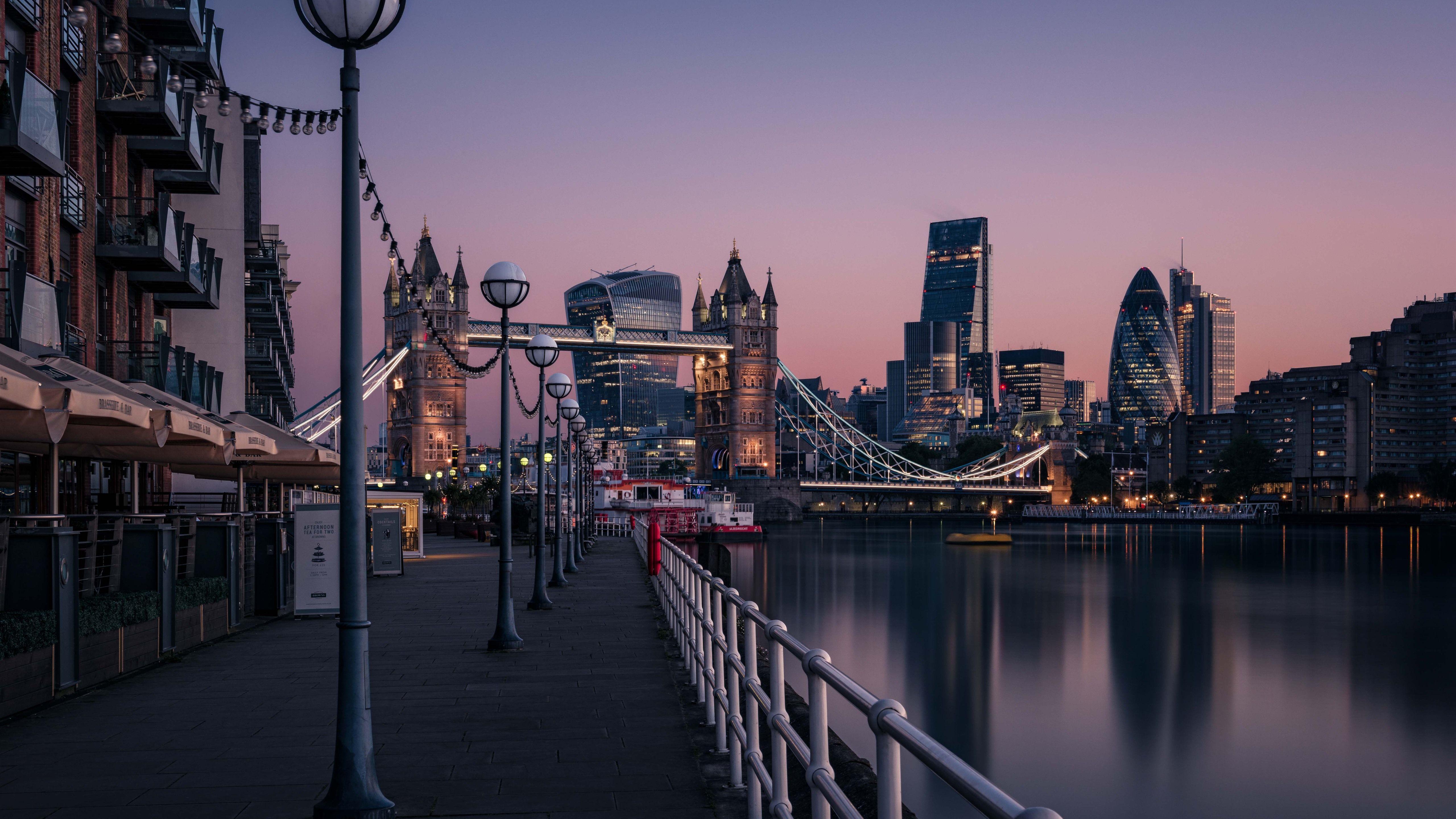 5120x2880 Wallpaper England, London, Thames River, Tower Bridge, city, dawn