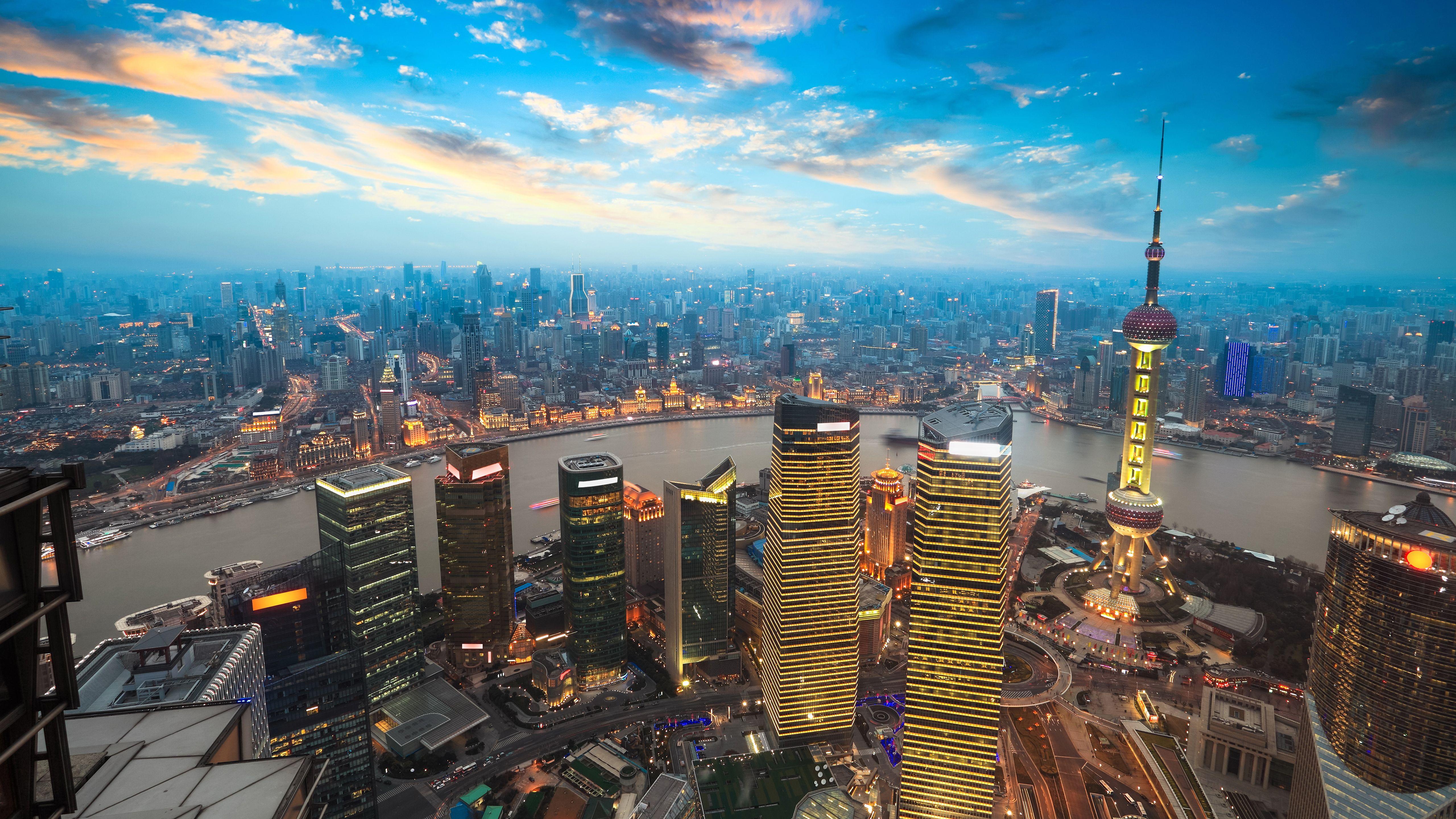 5120x2880 Photos Shanghai China megalopolis Sky river Cities Clouds 5120x2880