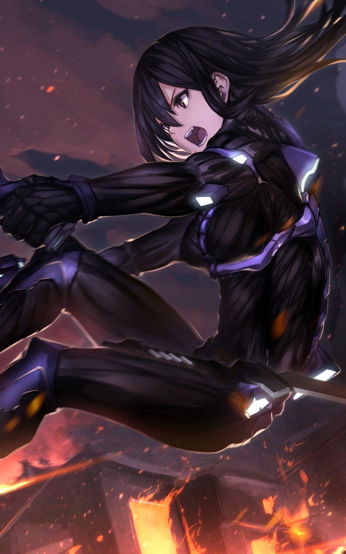 1200x1920 Download 1200x1920 Anime Girl, Jumping, Bodysuit, Flames, Fire