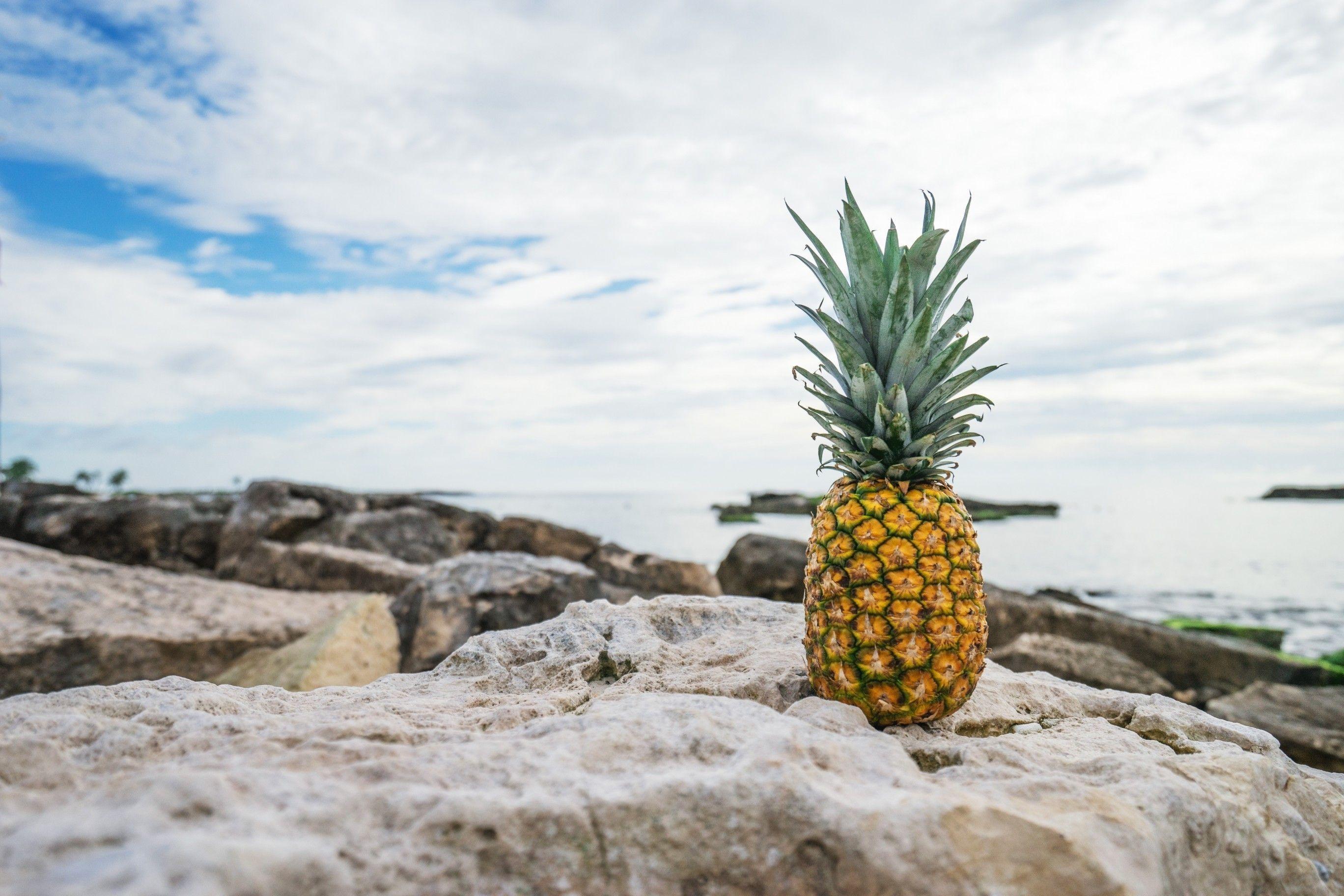 2736x1824 Download 2736x1824 Pineapple, Fruit, Rocks, Ocean Wallpaper