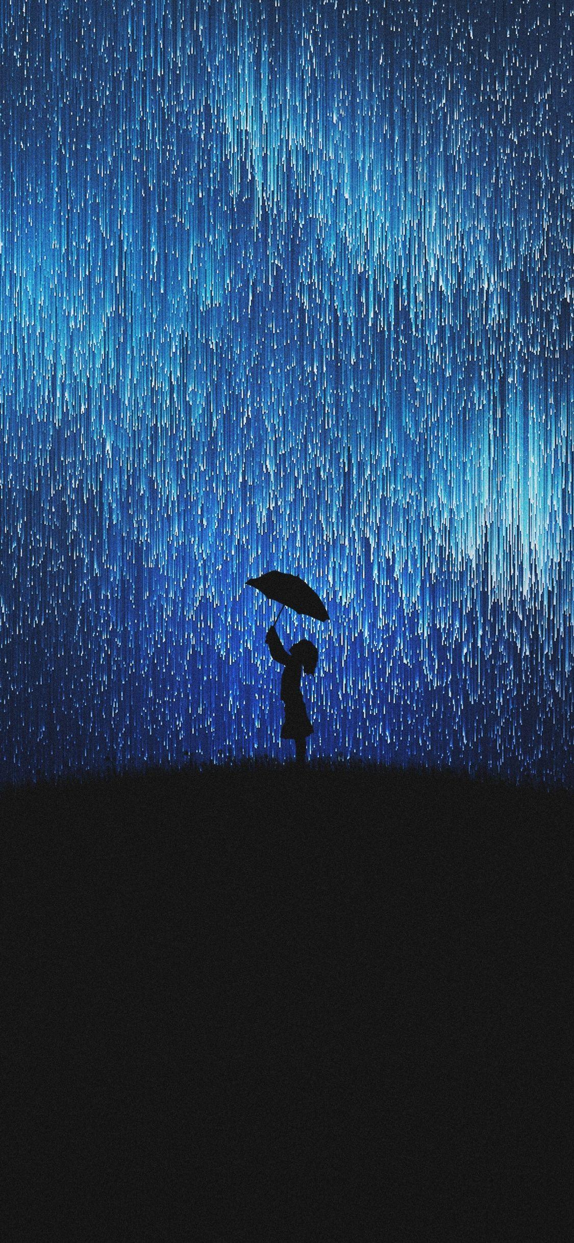 1125x2436 Silhouette, Girl In Rain, Fun, Mood, Umbrella, Wallpaper