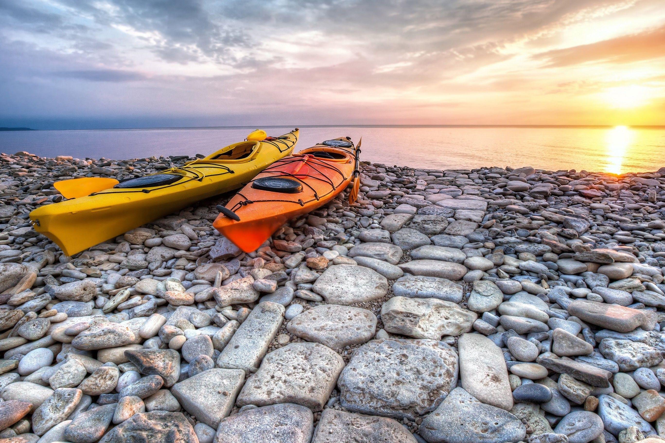 2736x1824 Download 2736x1824 Rocks, Sunset, Ocean, Sea, Clouds, Kayak