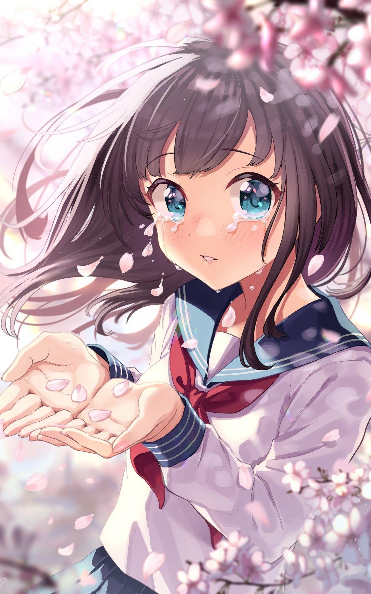 1200x1920 Download 1200x1920 Anime Girl, Crying, Tears, Sakura Blossom, Loli