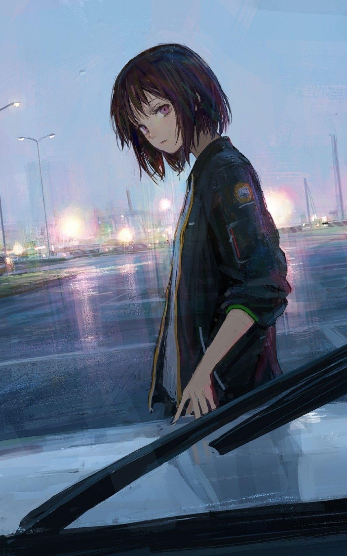 1200x1920 Download 1200x1920 Anime Girl, Cars, Painting, Road, Lights, Short