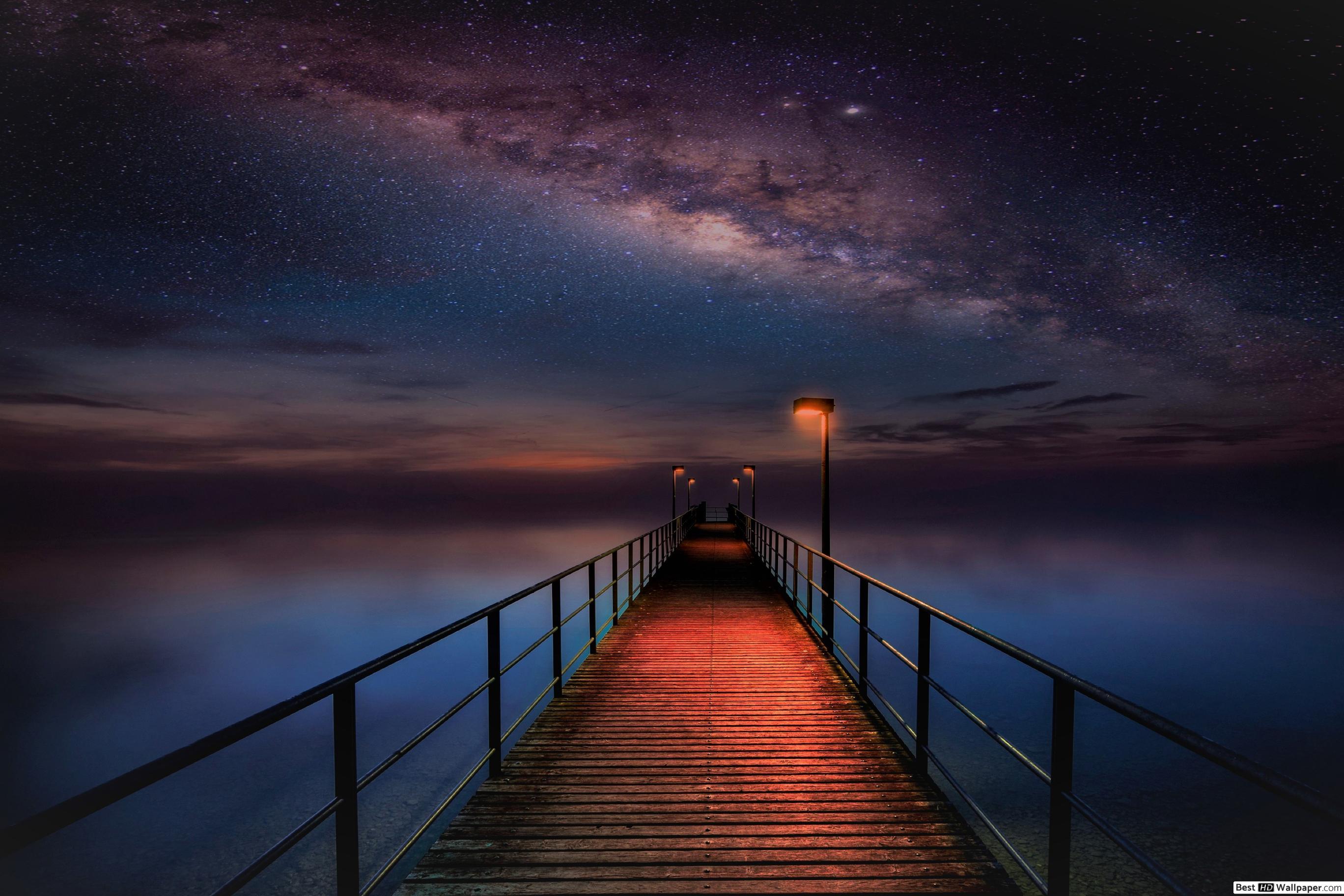 2736x1824 Ocean Pier under Milky Way Sky HD wallpaper download