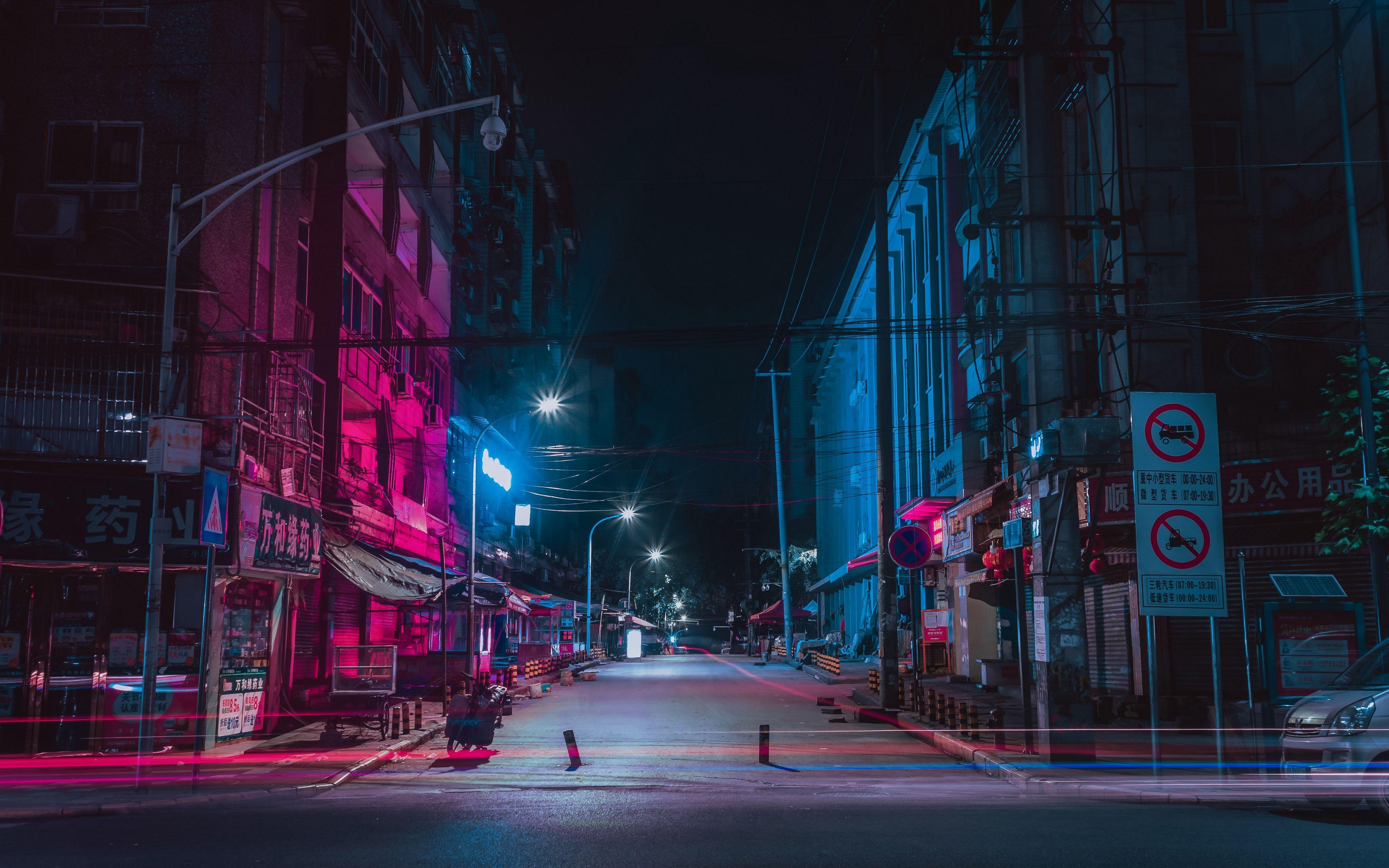 3840x2400 Download wallpaper 3840x2400 street, night city, neon, buildings