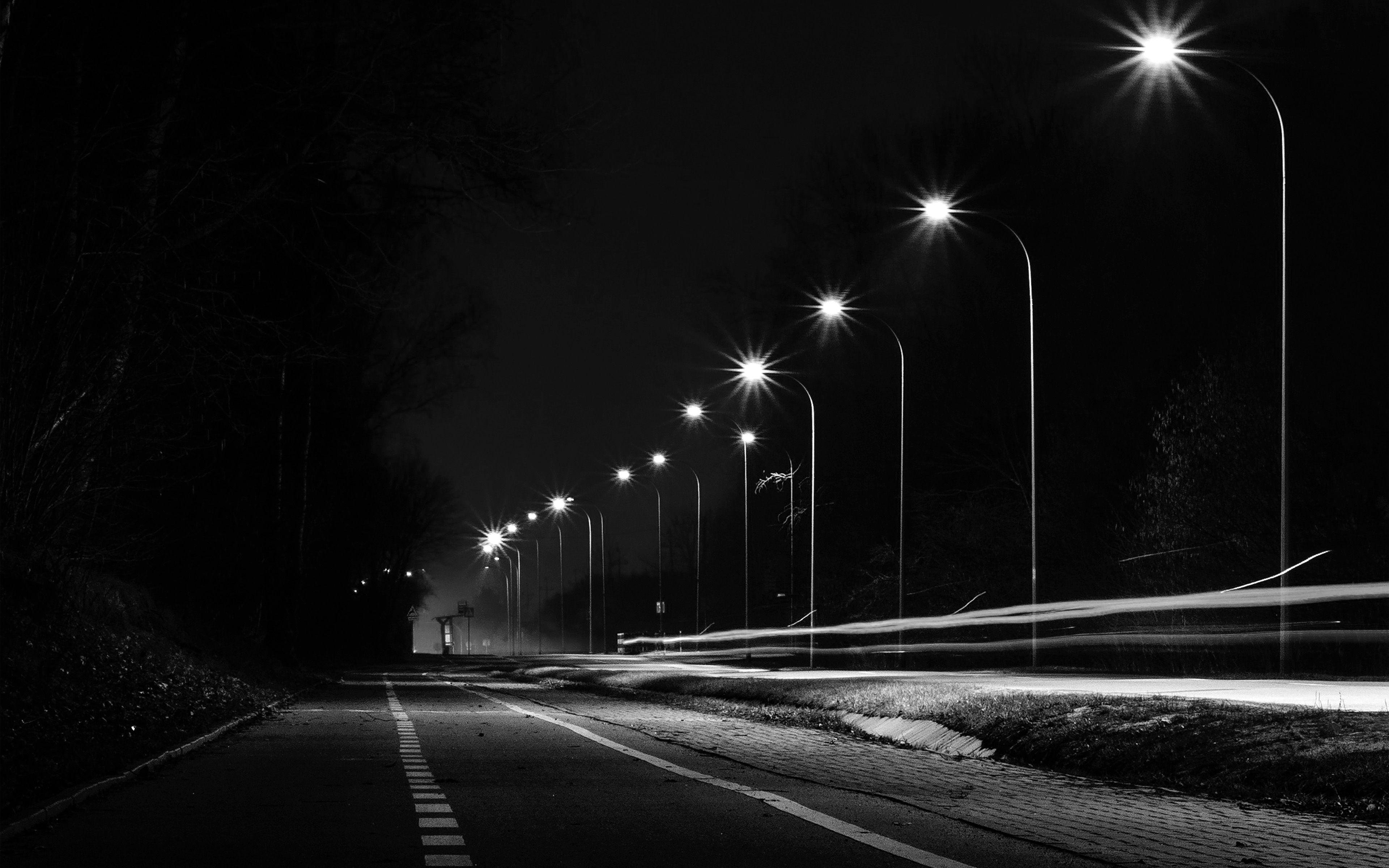 3840x2400 Street Lights Dark Night Car City Bw Wallpaper