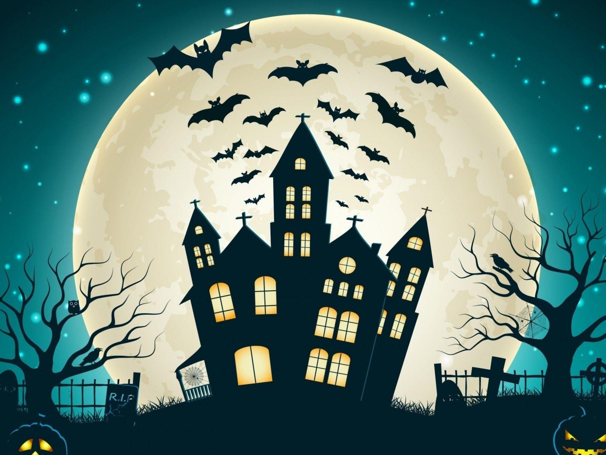 2048x1536 Download 2048x1536 Spooky Castle, Big Moon, Bats, Halloween, Creepy, Flat Artwork Wallpaper for Ainol Novo 9 Spark