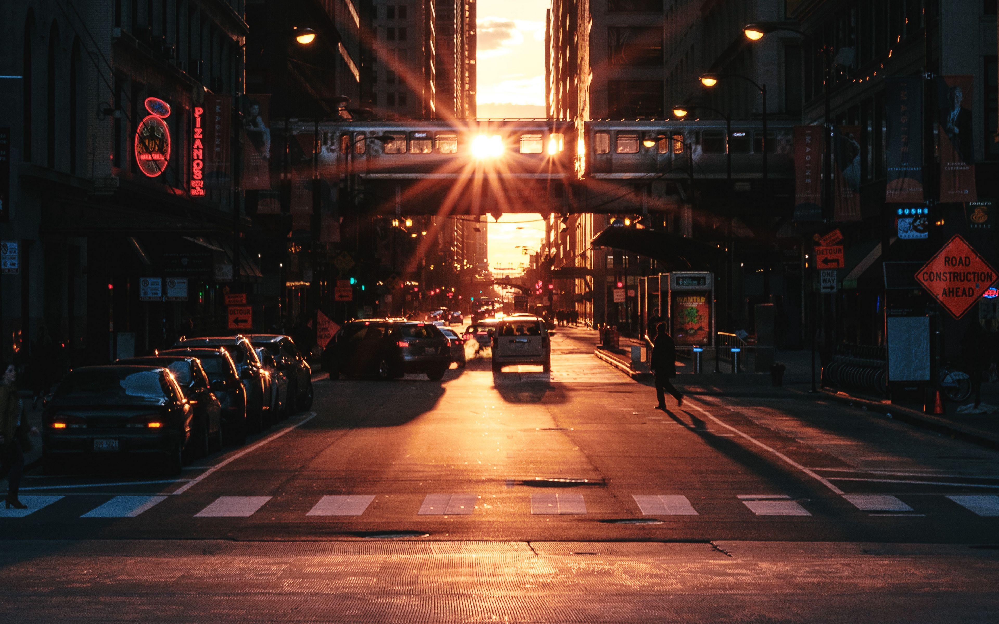 3840x2400 Download wallpaper 3840x2400 city, sunset, street, buildings 4k