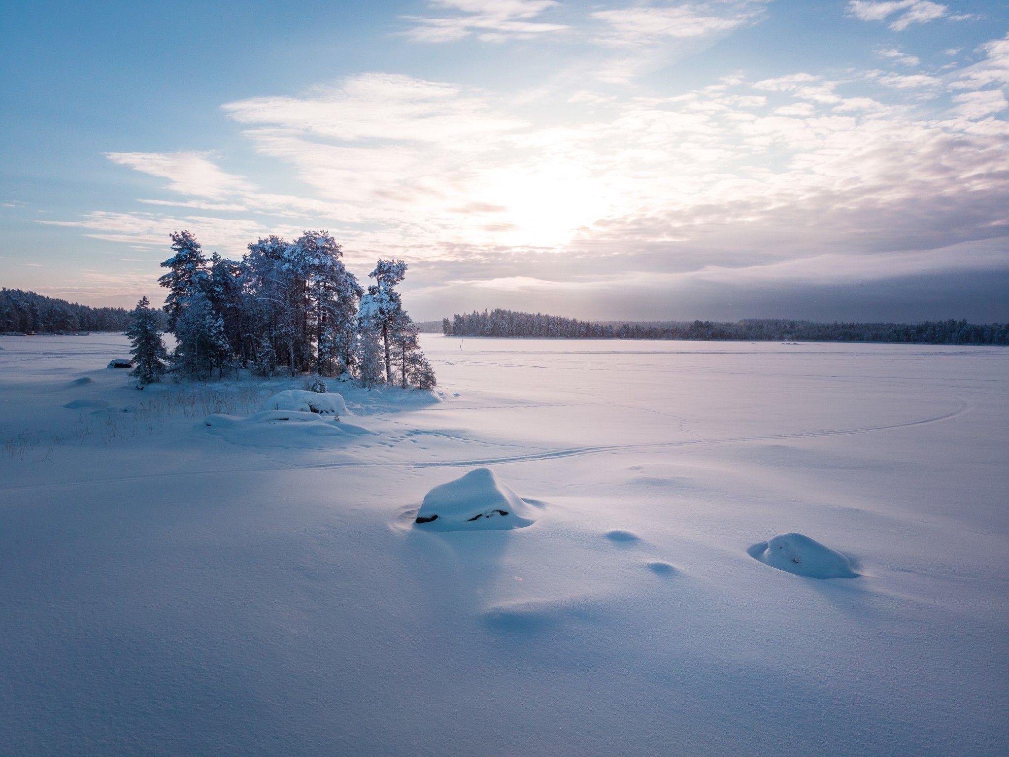2048x1536 Download 2048x1536 Field, Snow, Winter, Trees, Clouds, Sky