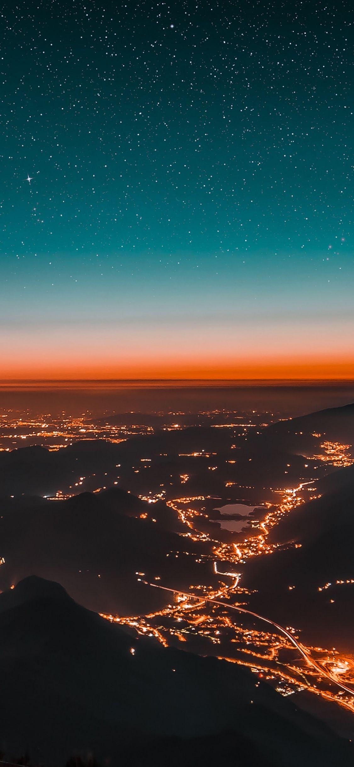 1125x2436 Sunset, evening, aerial view, town, twilight wallpaper
