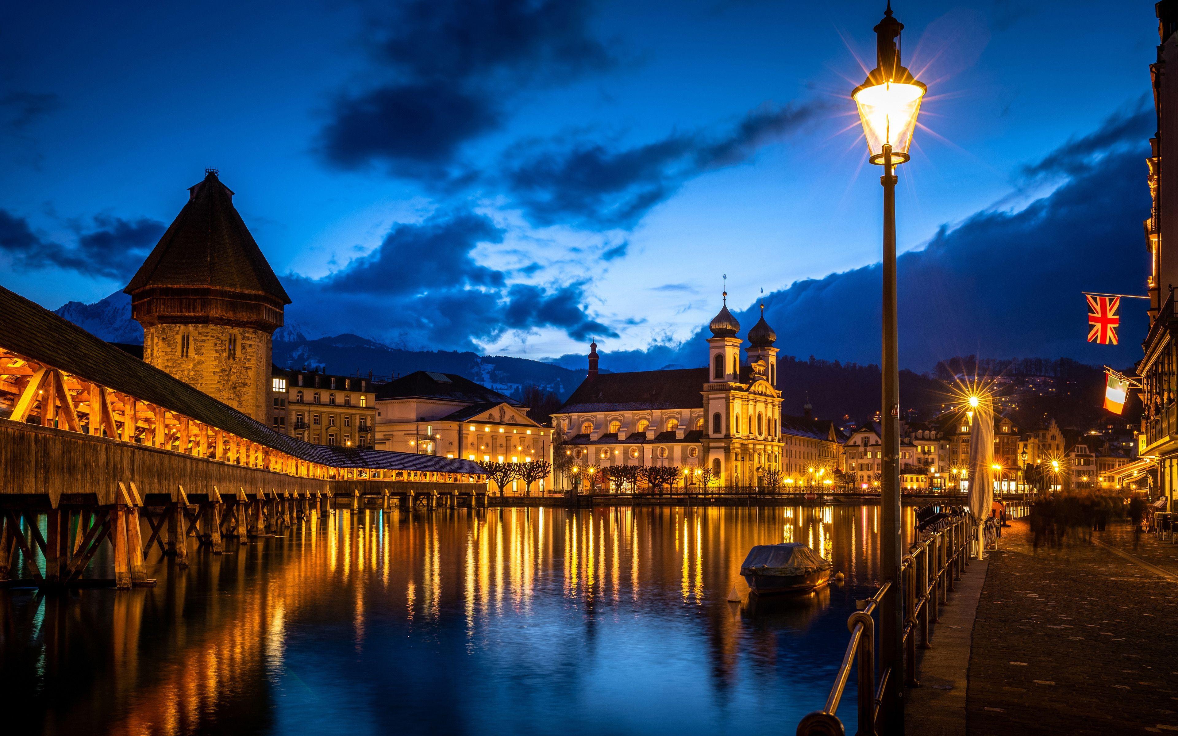 3840x2400 Download wallpaper Lucerne, 4k, Reuss River, nightscapes, street
