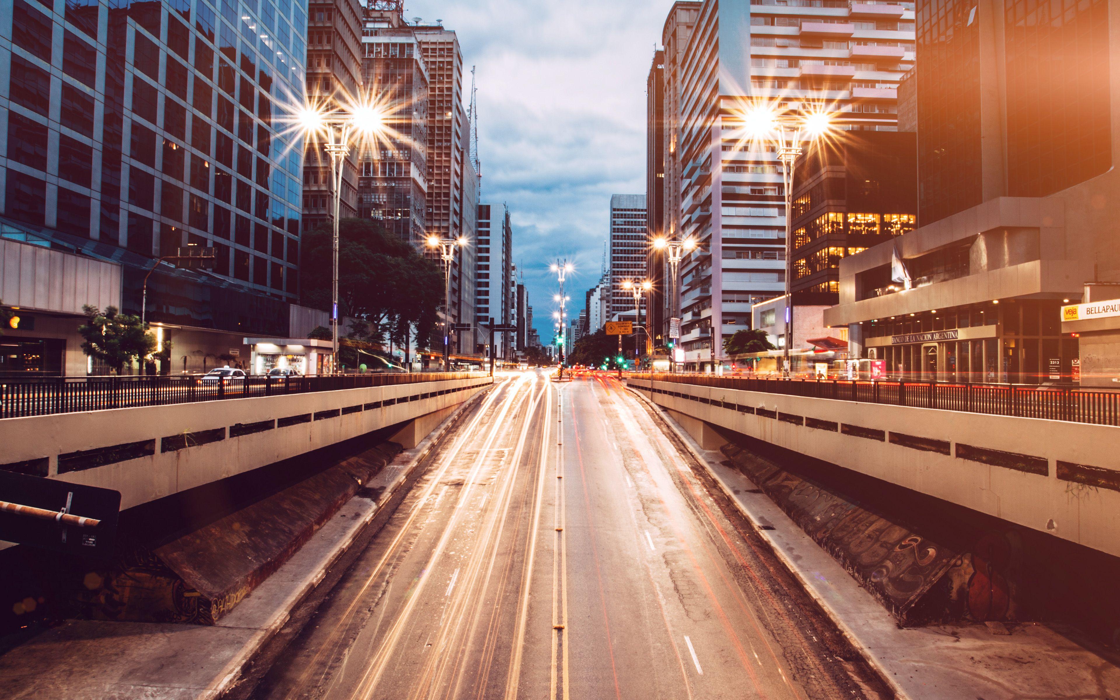 3840x2400 City Street Light Blue Night Car Flare Wallpaper