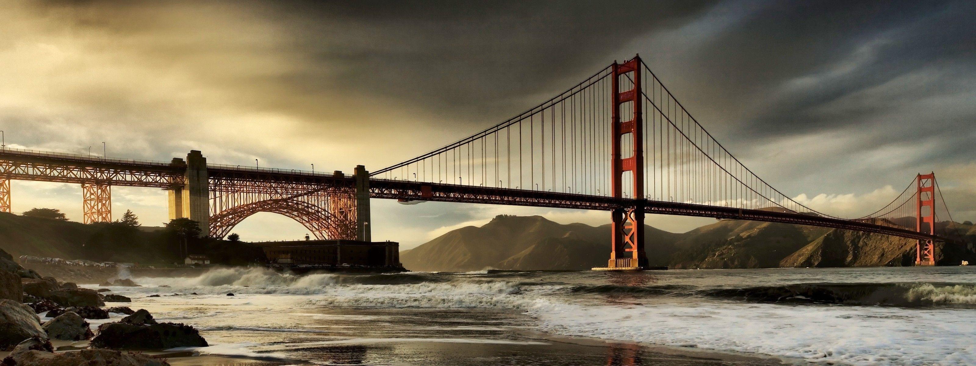 3200x1200 Download wallpaper 3200x1200 city, bridge, sky, evening, large HD