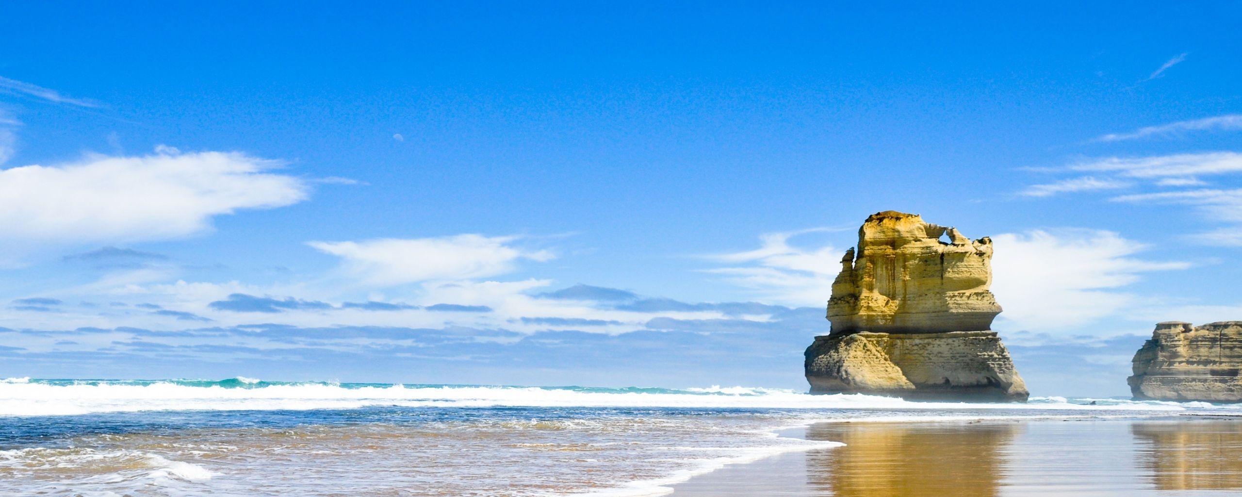 2560x1024 Download Wallpaper 2560x1024 Sea, Beach, Rock, Sand Dual Monitor
