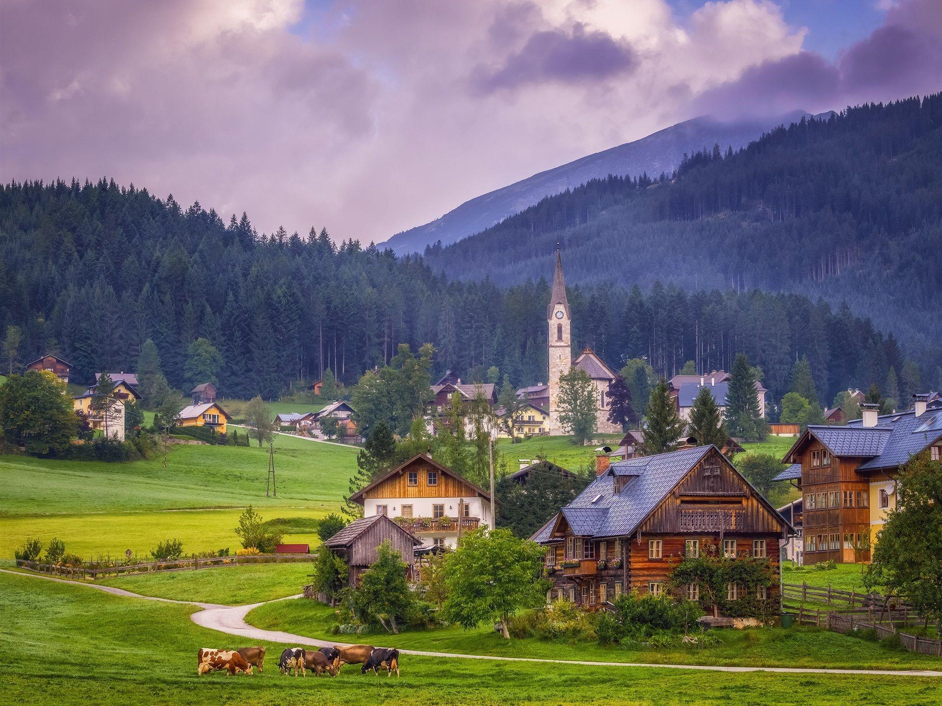 1920x1440 Wallpaper Gosau, Austria, Alps, church, houses, village, trees