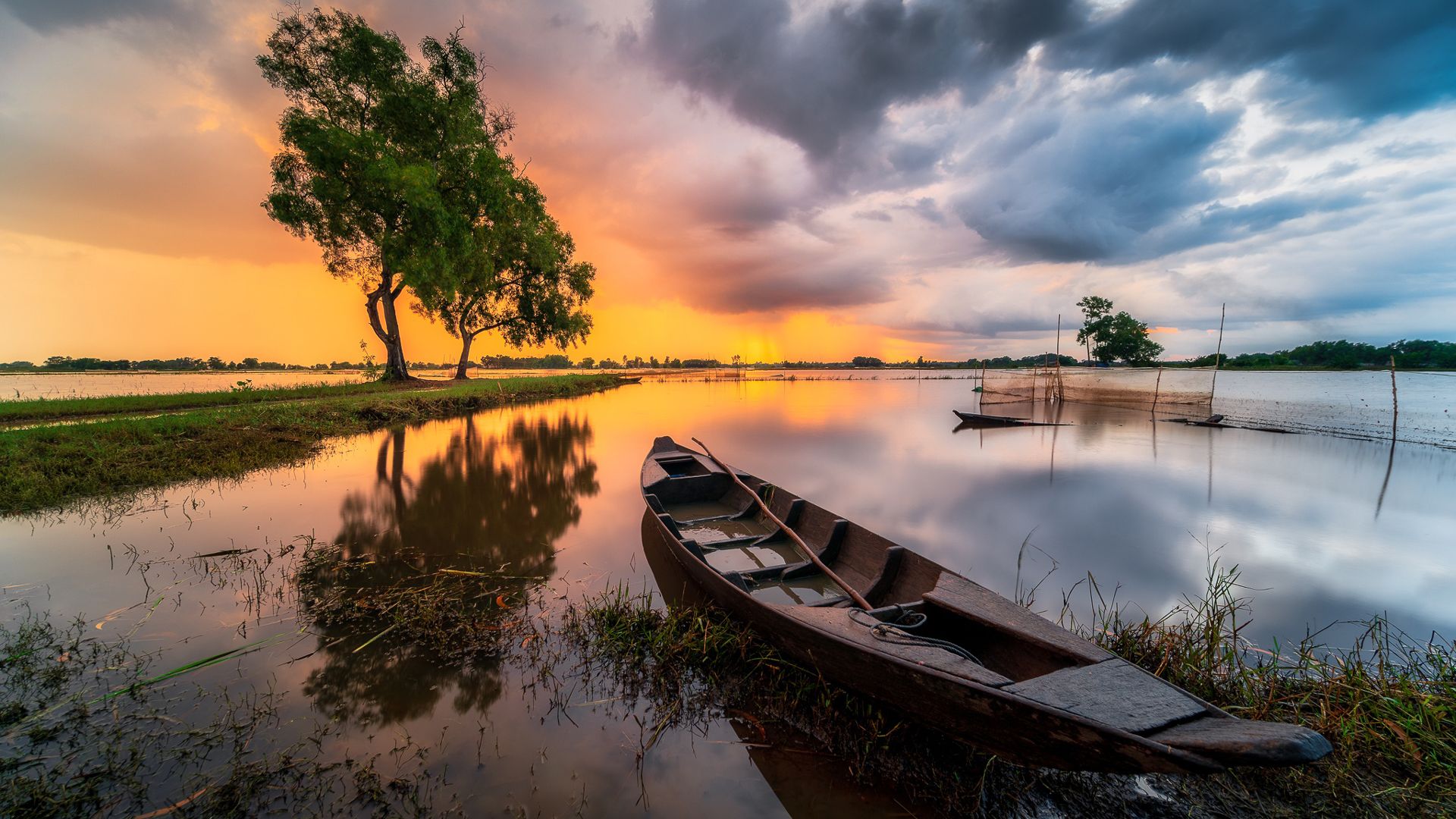 1920x1080 Boat On Water With Trees Reflection On River During Sunset HD Nature Wallpaper