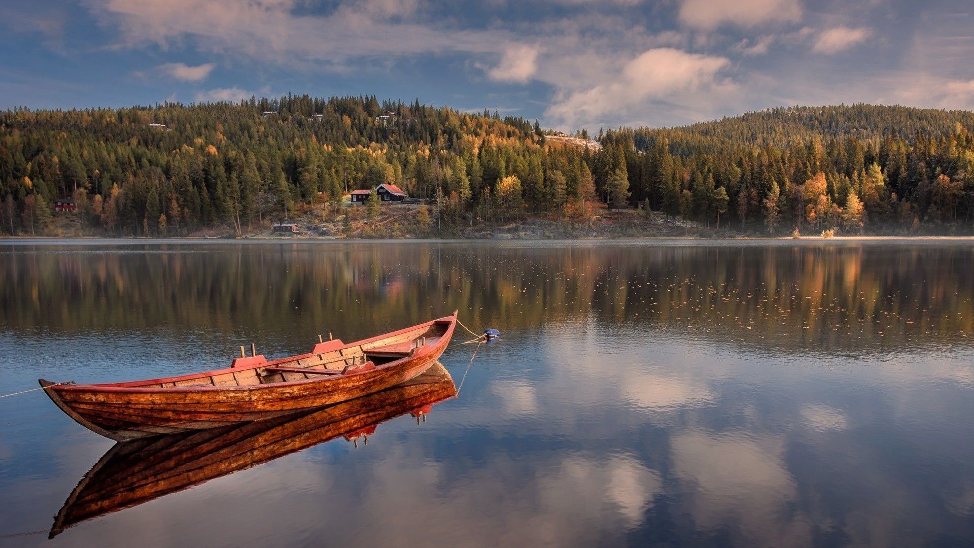 1920x1080 Boat In The Middle Of River With Landscape View Of Trees Covered Forest With Reflection On Water HD Nature Wallpaper