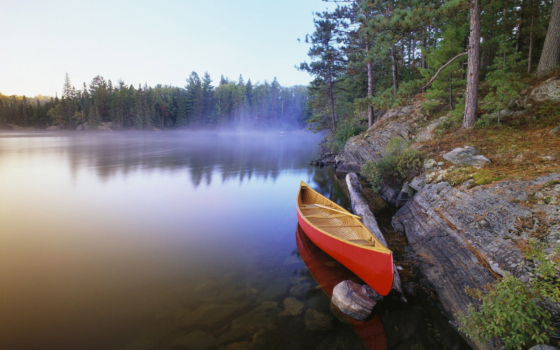 1920x1200 Serene Foggy Lake: HD Wallpaper of a Canoe