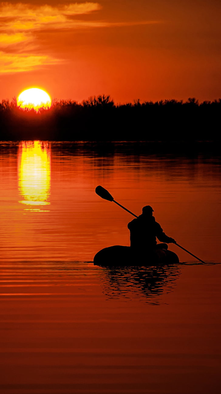 728x1294 HD wallpaper: River Beautiful Evening Sunset, silhouette of boat and paddle