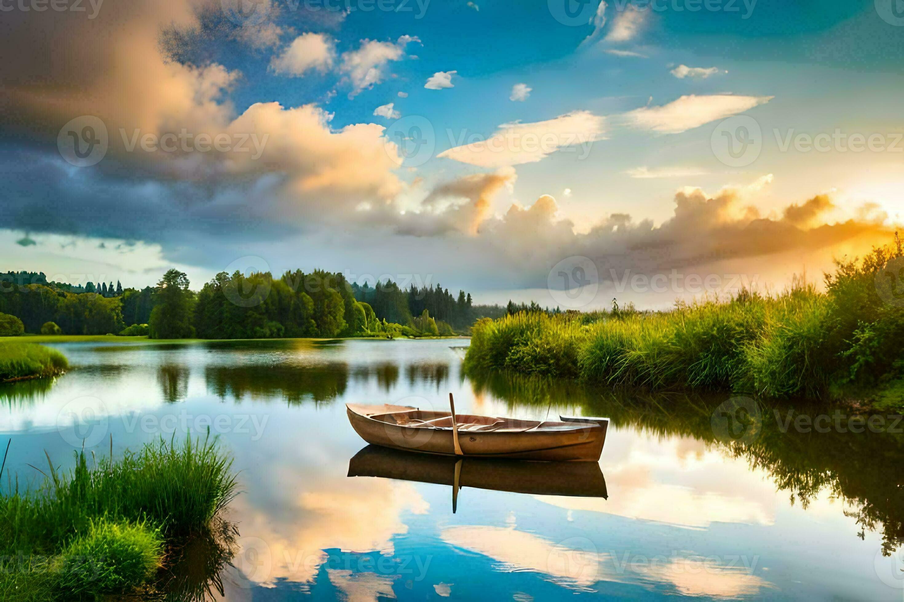 2940x1960 The Boat On The Lake, Sunset, Nature, Landscape, HD Wallpaper. AI Generated