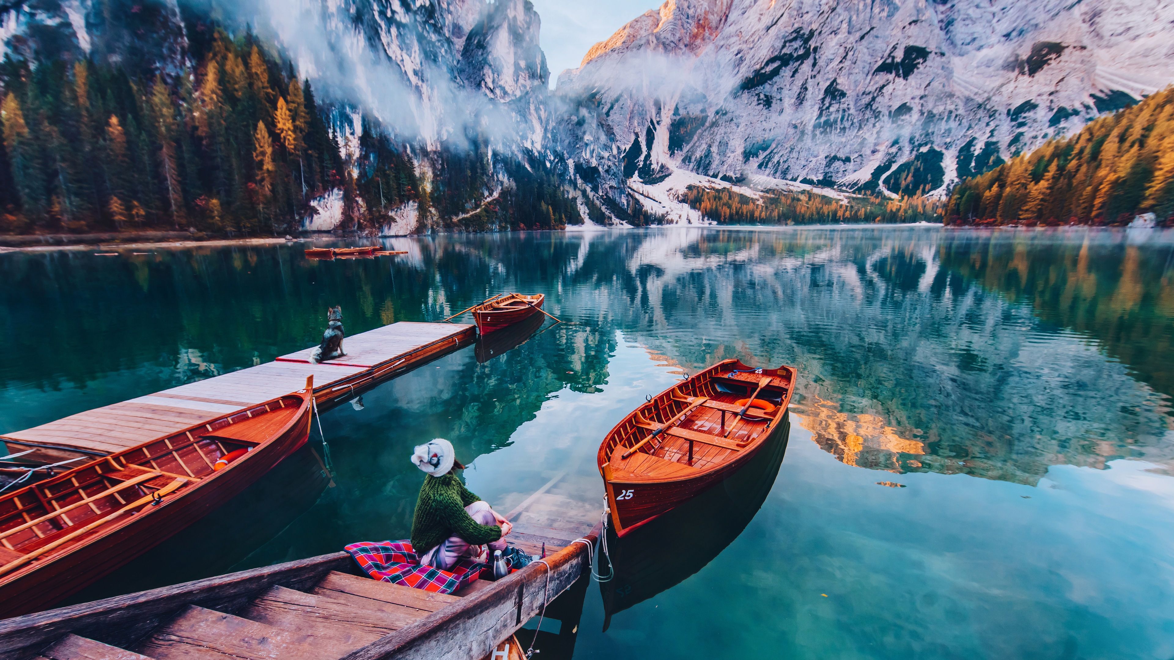 3840x2160 Boats On Body Of Water With Reflection Of Mountains And Trees 4K HD Nature Wallpaper