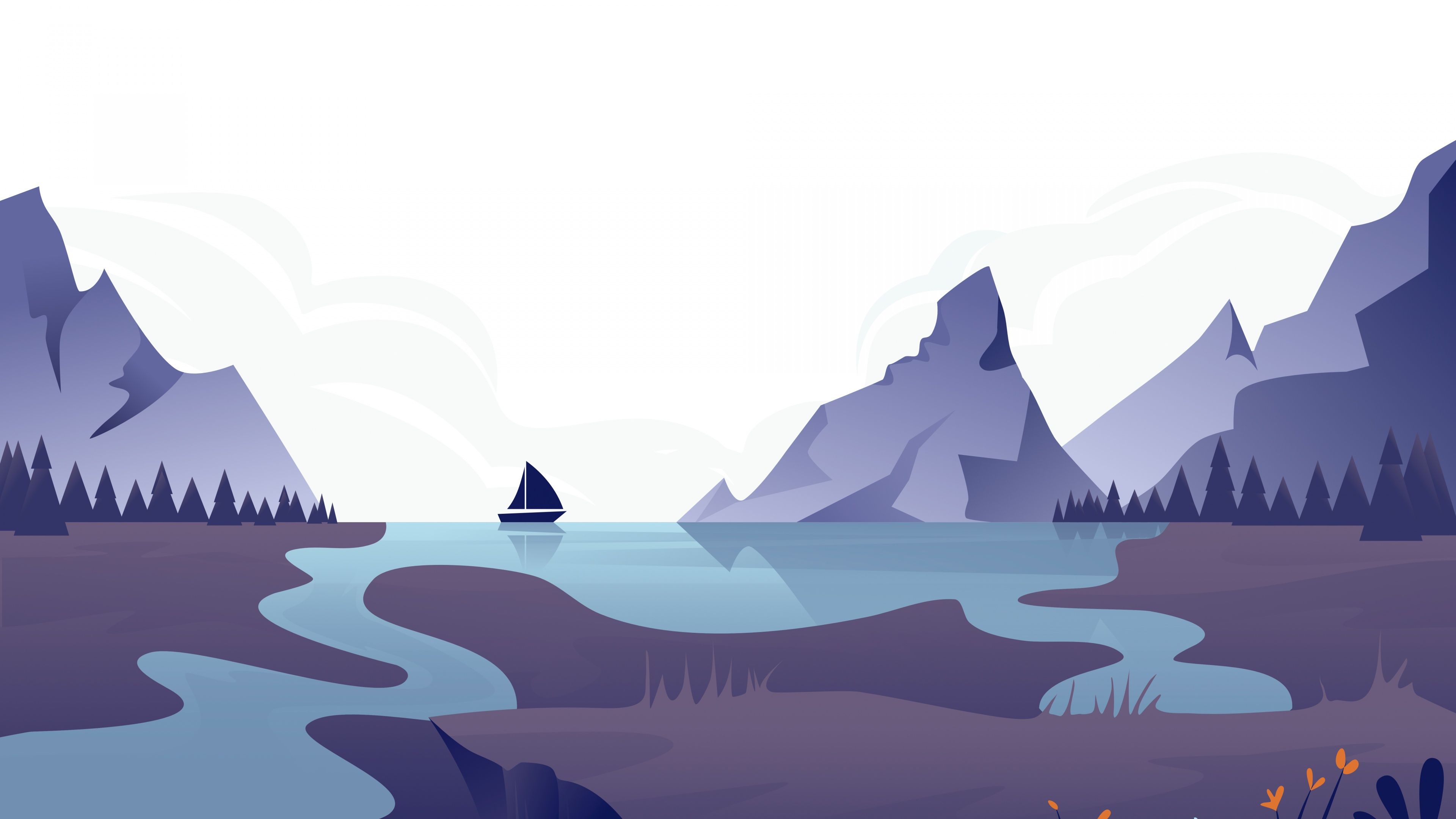 3840x2160 Sailing boat Wallpaper 4K, River, Mountains, Minimal art