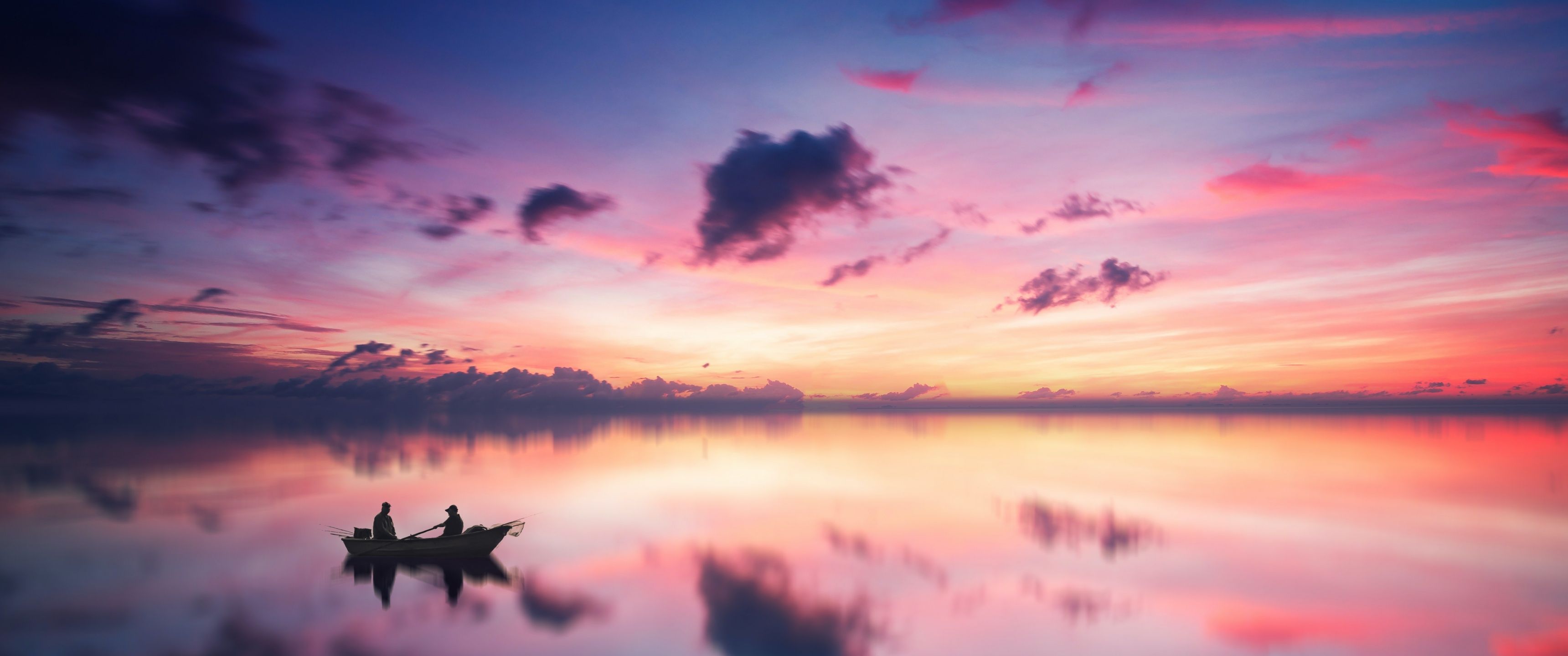 3440x1440 Golden hour Wallpaper 4K, Sunset, River, Aesthetic, Boating