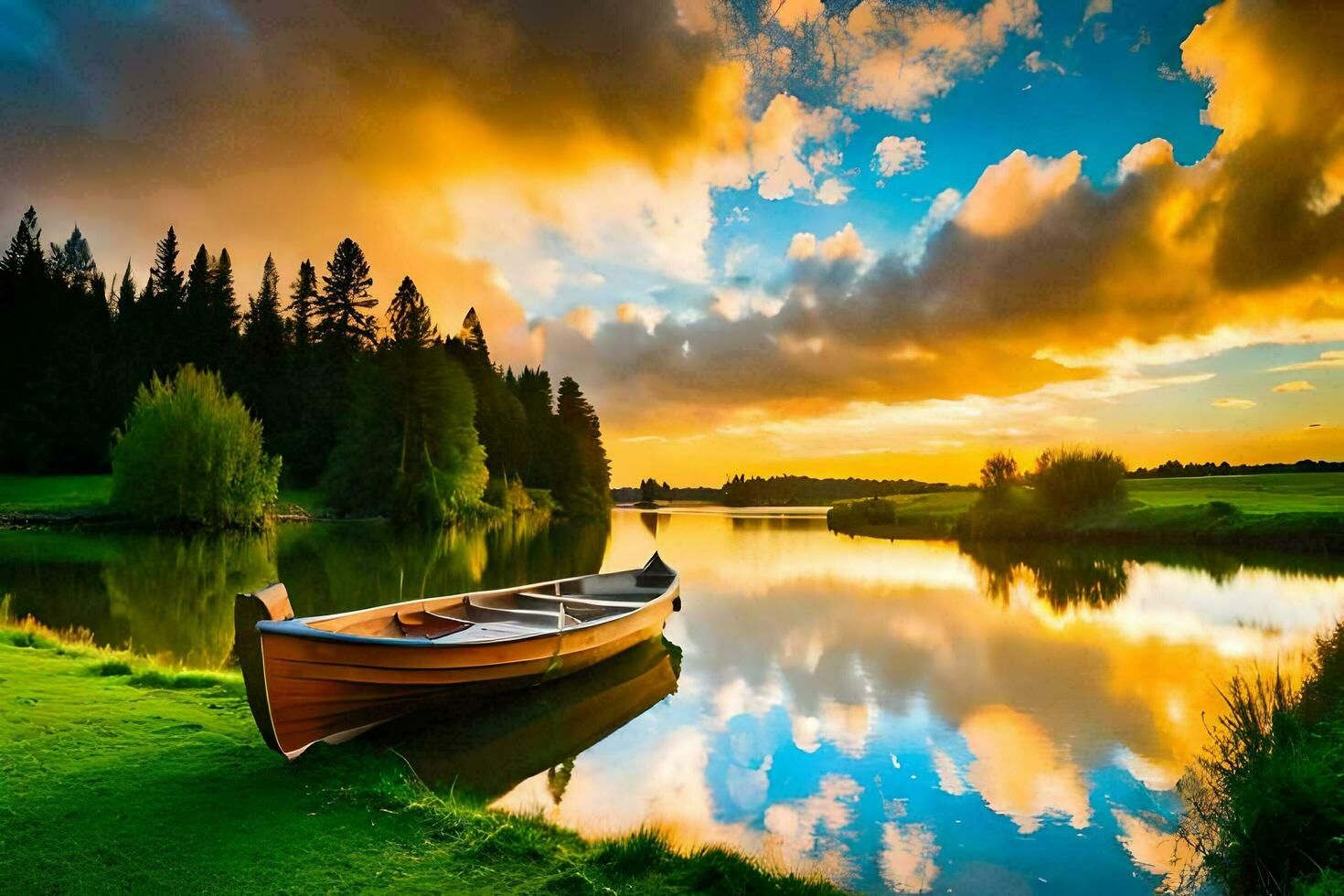 1470x980 The Boat On The Lake, Sunset, Landscape, Nature, Nature Wallpaper, Nature Wallpaper, Nature. AI Generated