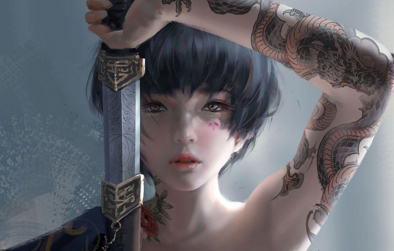 1332x850 Wallpaper look, girl, Japan, sword, tattoo, fantasy, art image