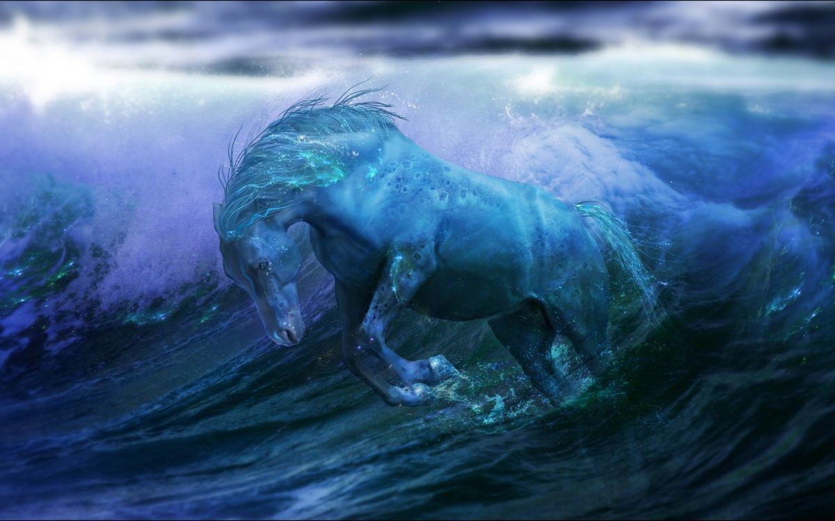 1200x750 Wallpaper Blue and White Horse Running on Water, Background Free Image