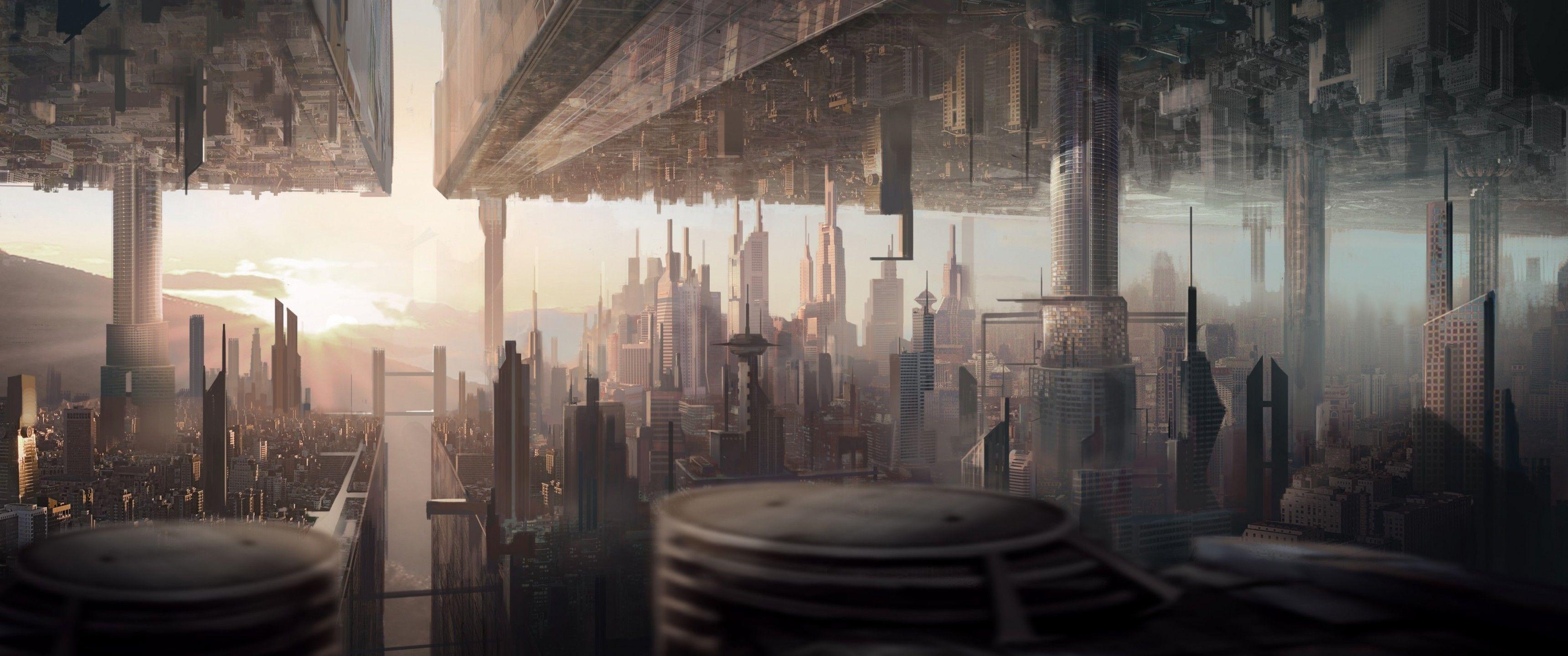 3440x1440 Download 3440x1440 Futuristic City, Upside Down World, Two