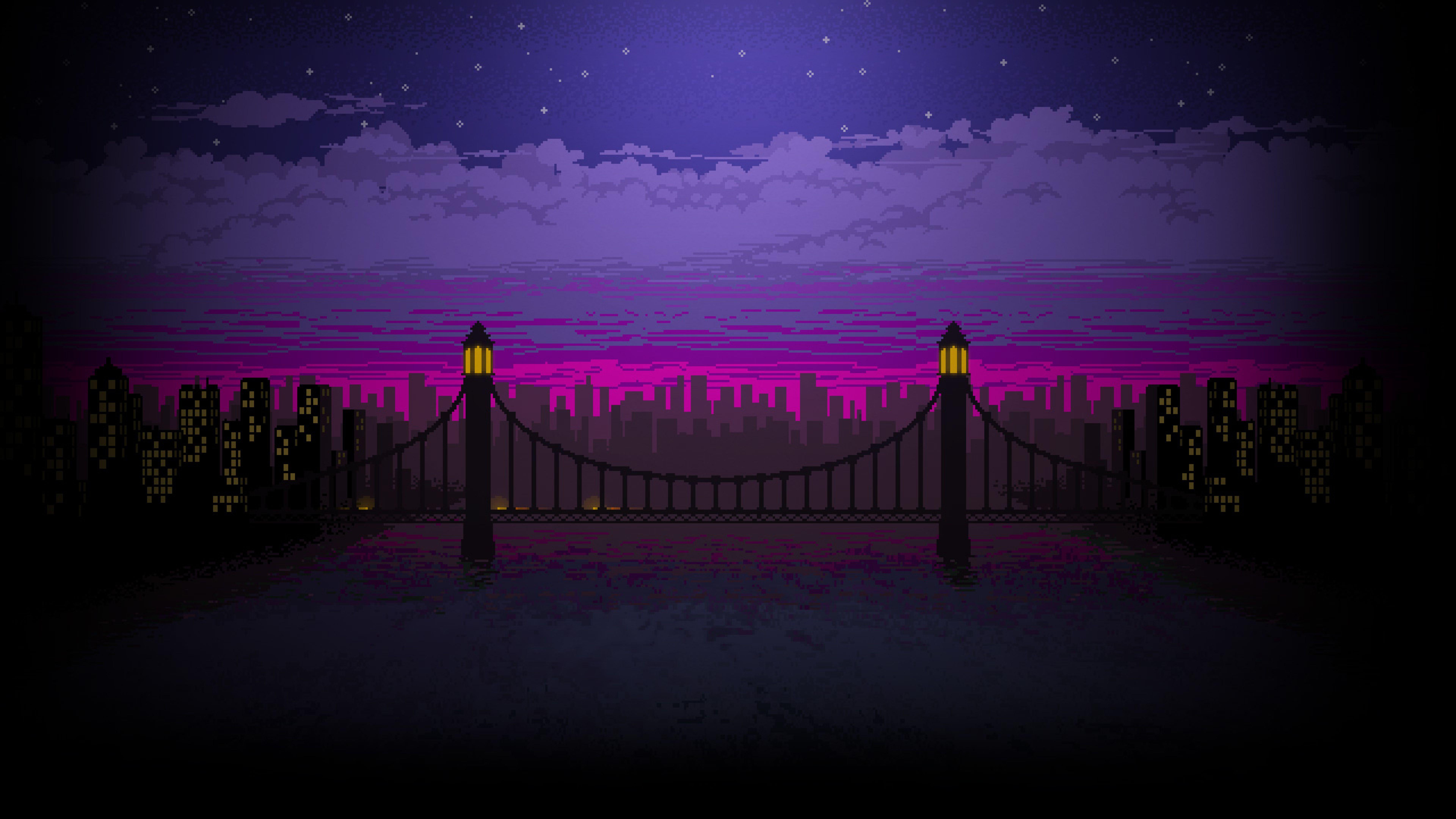 7680x4320 Pixel Art Bridge Night 8K Wallpaper, HD Artist 4K