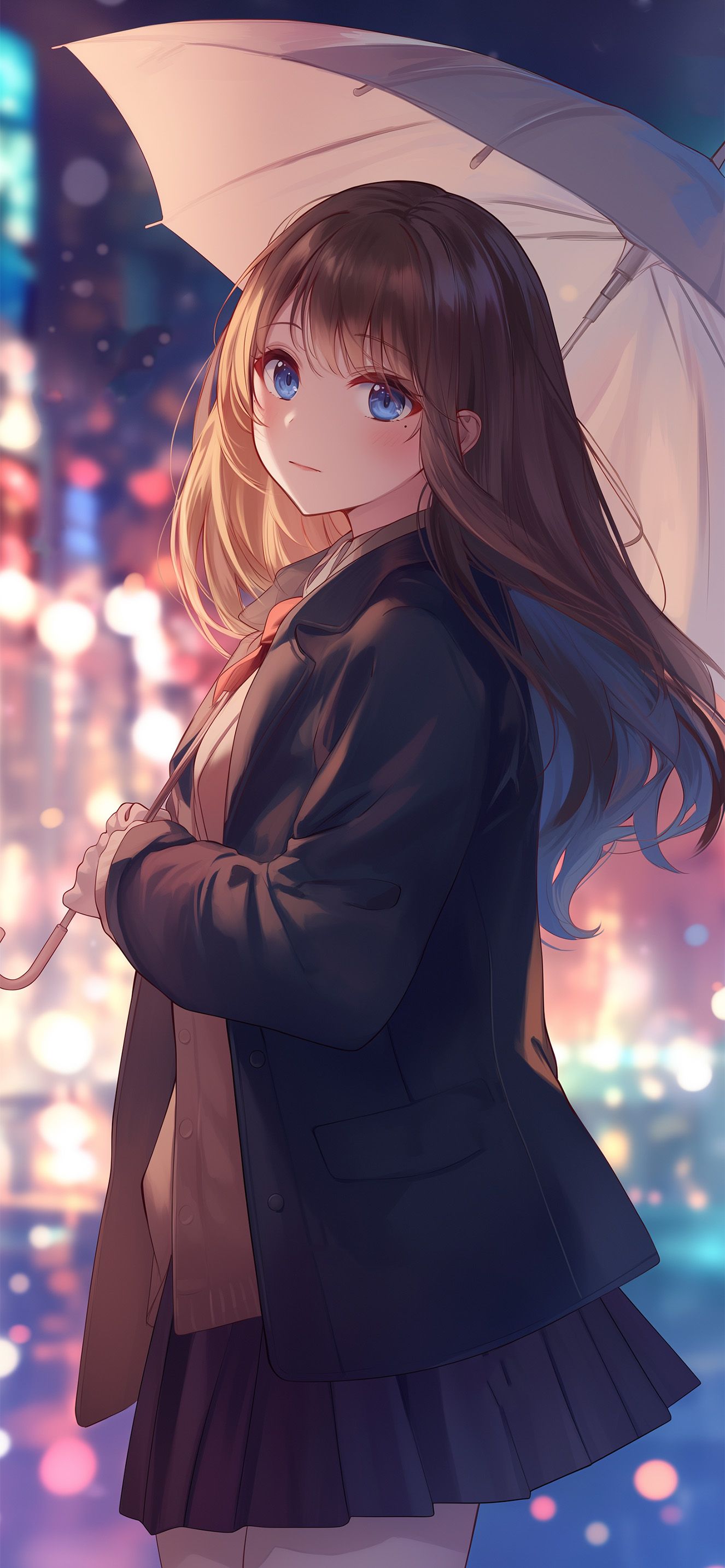 1326x2868 Anime Girl Umbrella City Lights Aesthetic Wallpaper