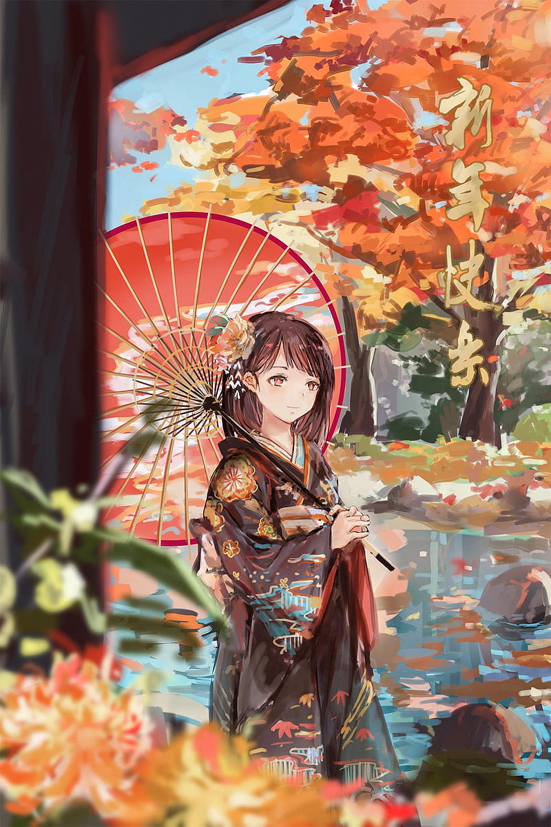800x1200 Anime, anime girls, catzz, fall, kimono, Japanese umbrella, Happy New Year, umbrella, HD phone wallpaper
