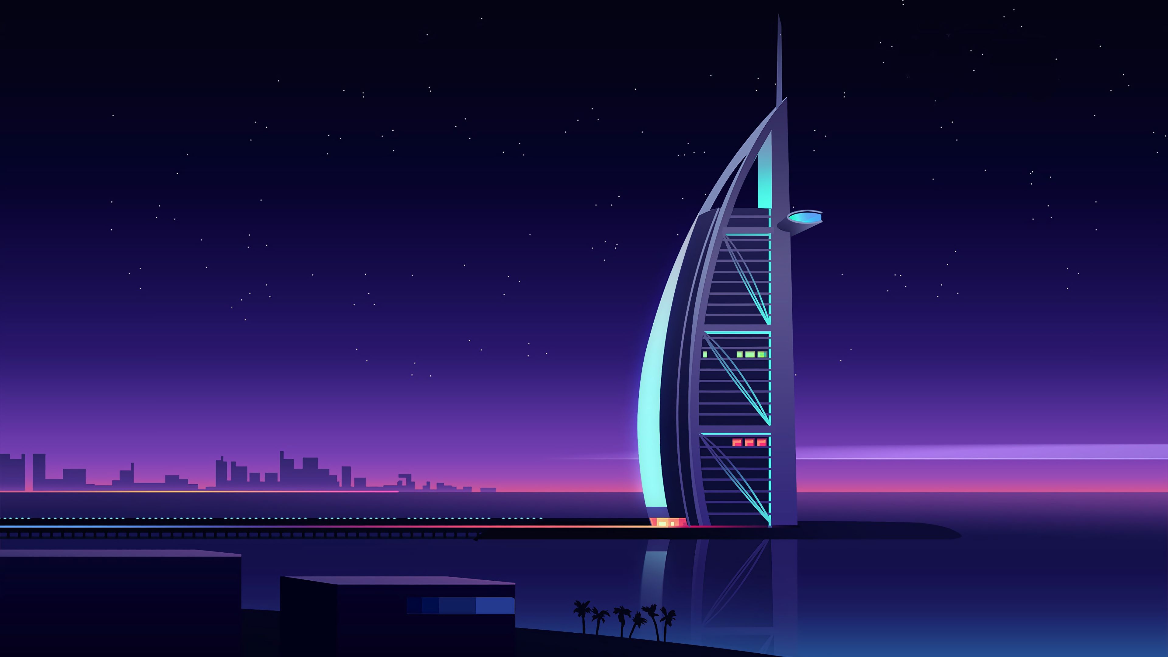 3840x2160 Burj Al Arab Wallpaper 4K, Illustration, Luxury Hotel, Night