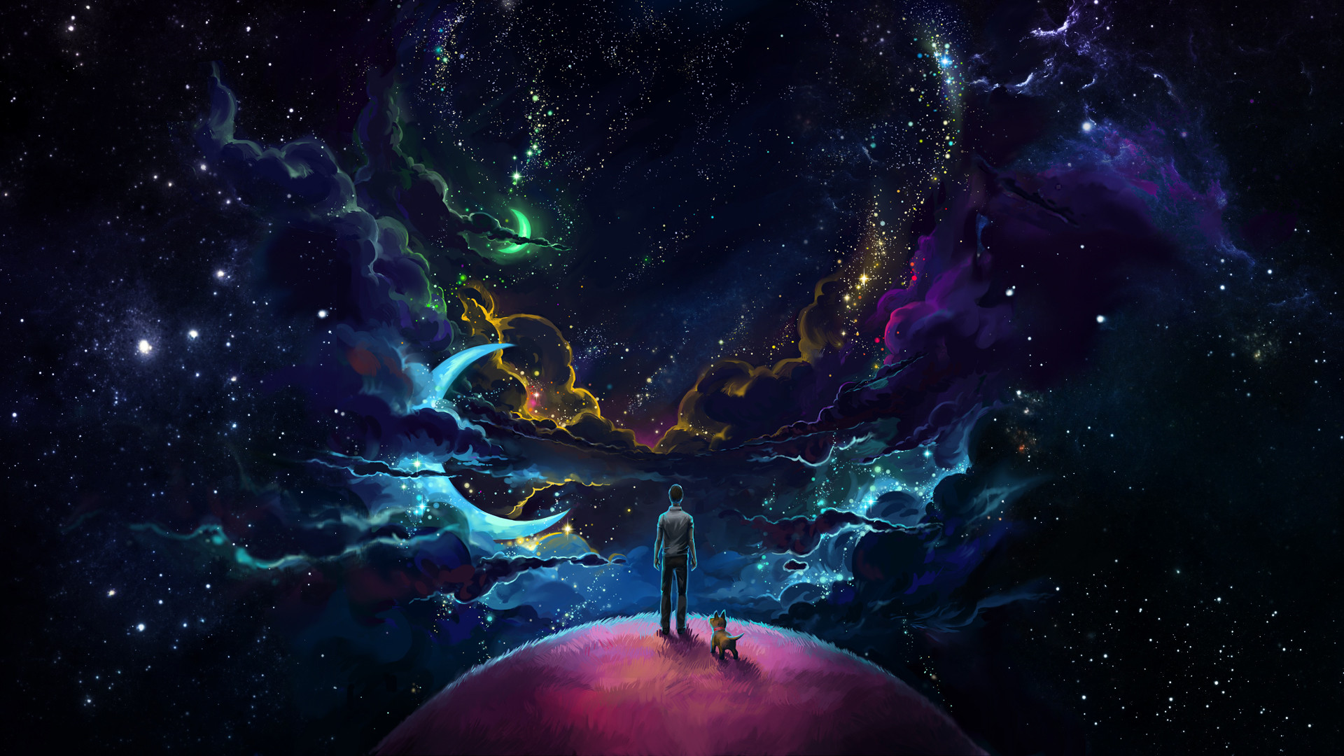 1920x1080 Man And Dog And Neon Space Wallpaper, HD Artist 4K Wallpaper, Image and Background