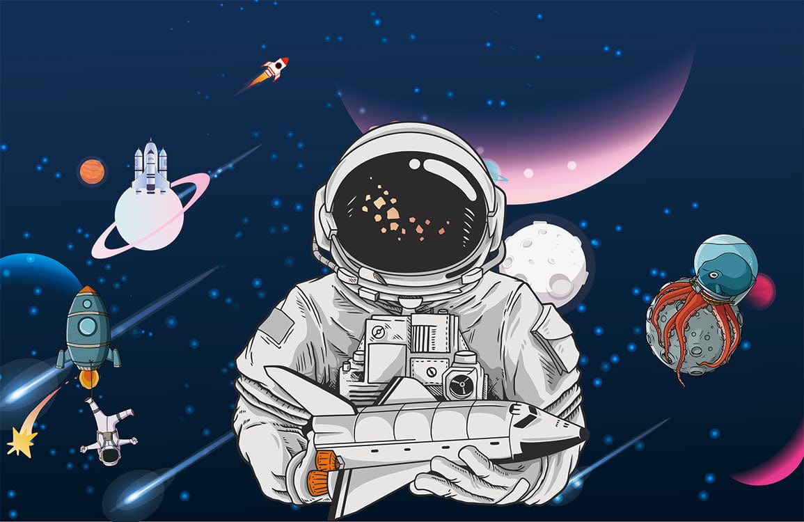 1155x750 Space Adventure Mural Wallpaper with Astronauts and Rockets in Navy Blue