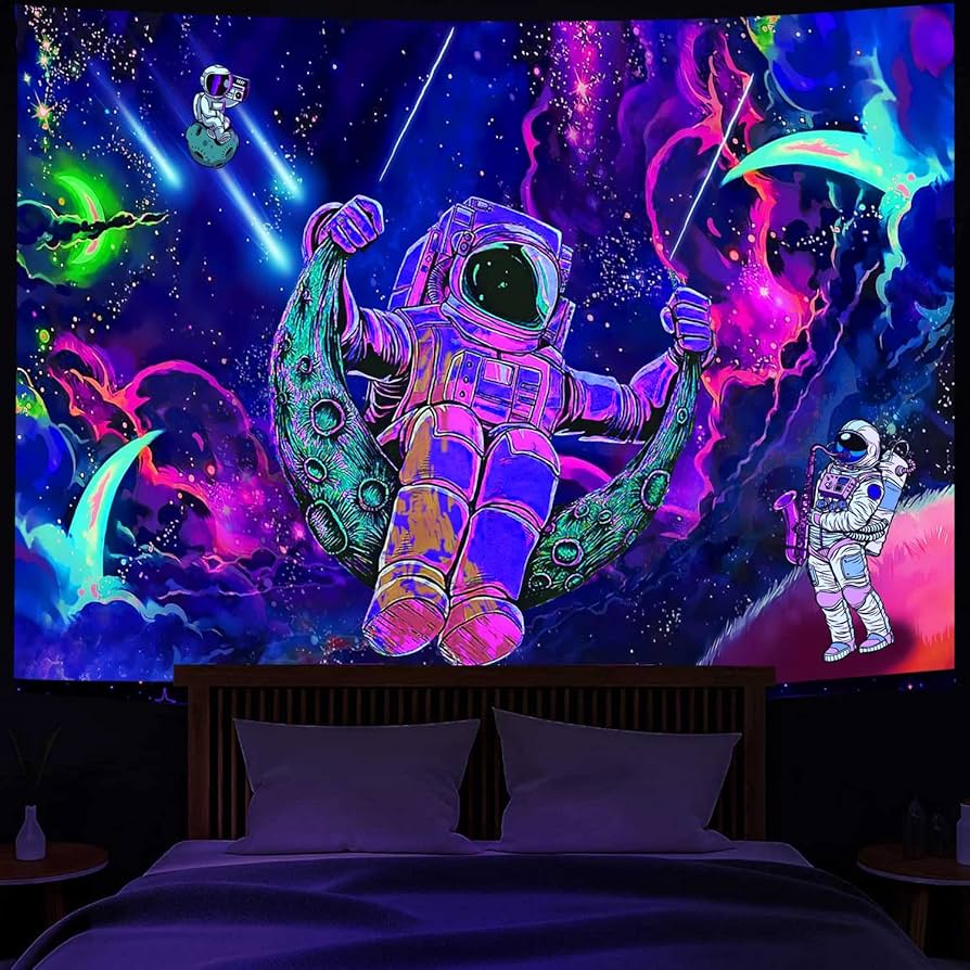 894x894 Blacklight Trippy Astronaut Tapestry Wall Hanging, Cool Space Man Sitting on the Moon Fantasy Astronauts Universe Colorful UV Reactive Tapestries Wall Art for Bedroom, Room Decor for Boys Girls : Amazon.co.uk: Home