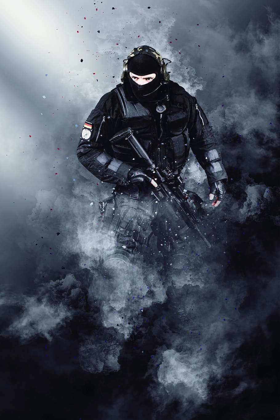 910x1365 man, holding, assault rifle illustration, army, warrior, photohop, war, cloud